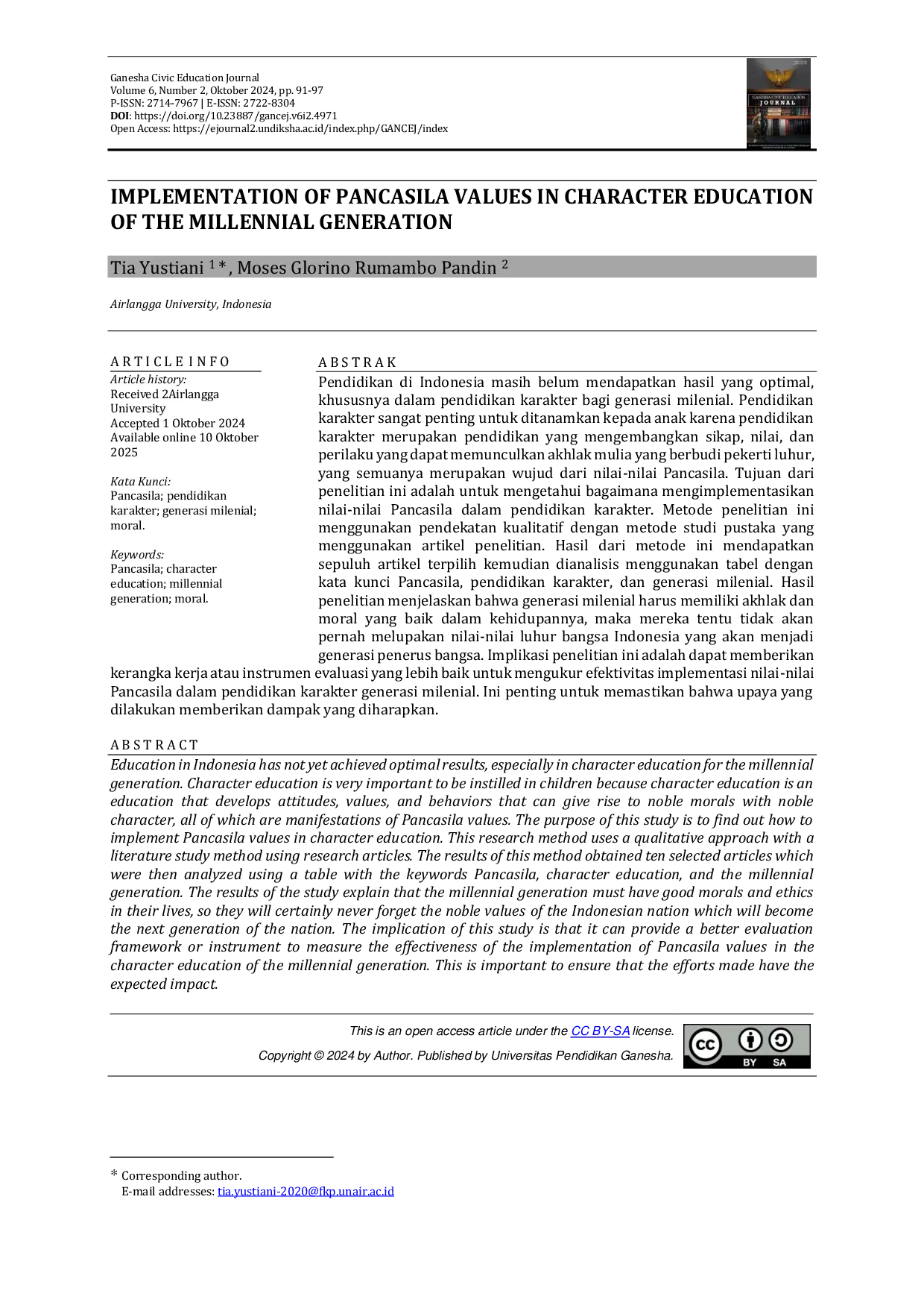 JURIS Implementation Of Pancasila Values In Character Education Of The Millennial Generation