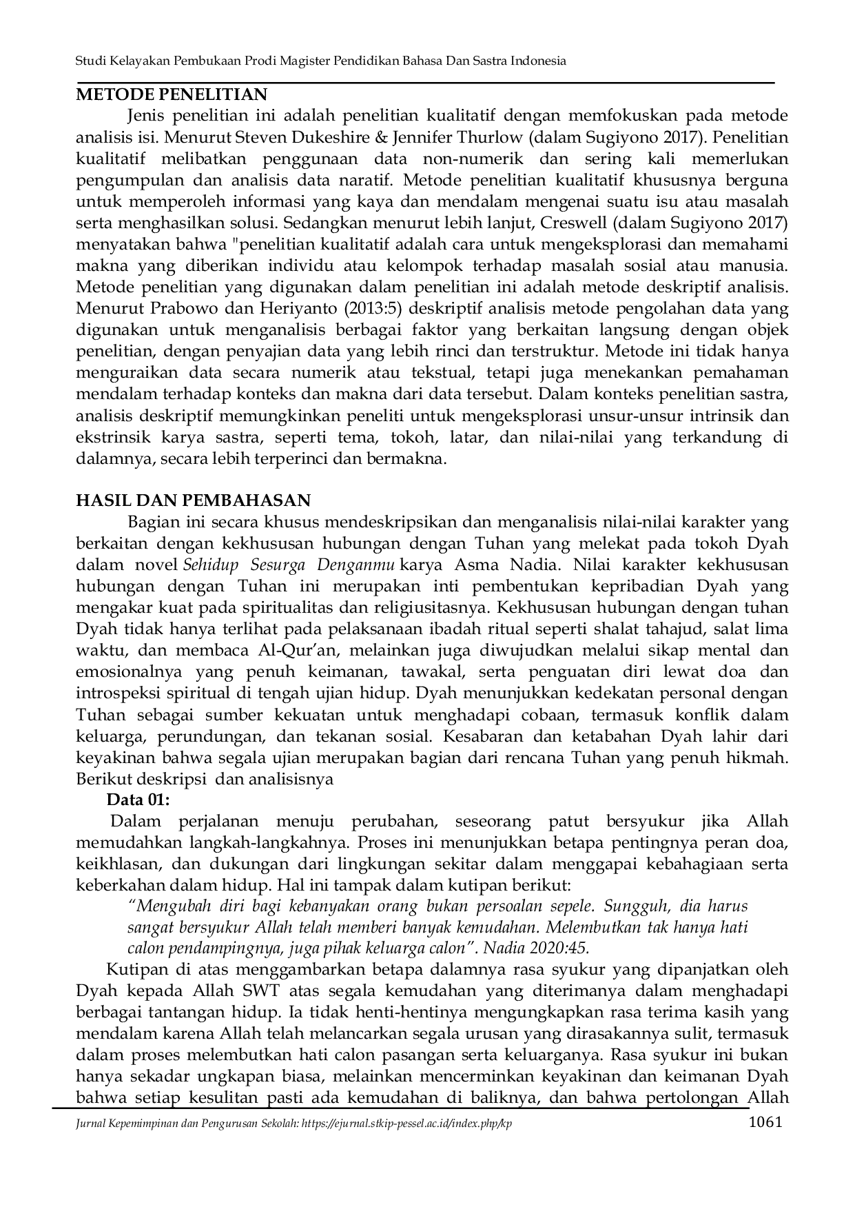 JURIS Nilai Nilai Karakter Kekhususan Hubungan dengan Tuhan dalam Novel Sehidup Sesurga Denganmu Karya Asma Nadia