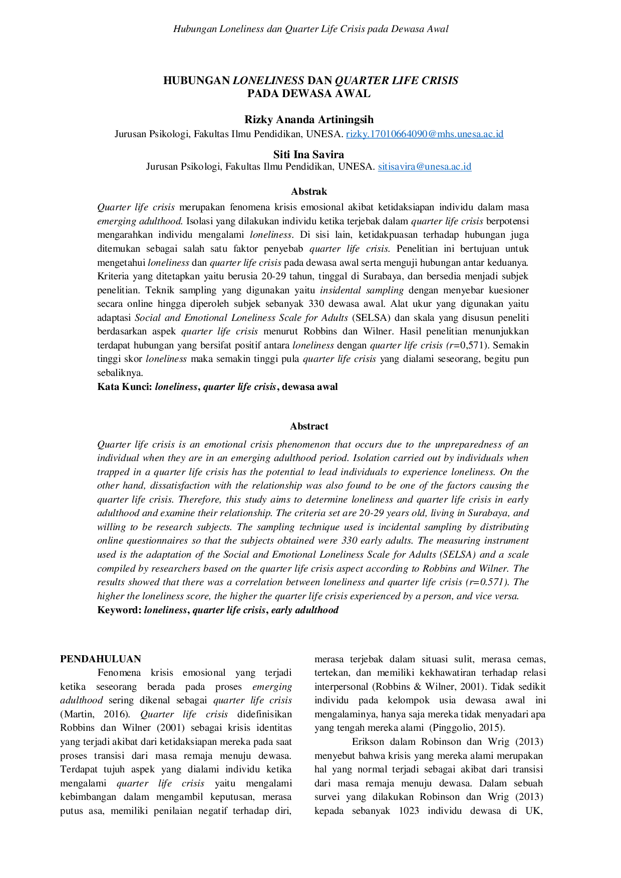 JURIS Hubungan Loneliness dan Quarter Life Crisis pada Dewasa Awal