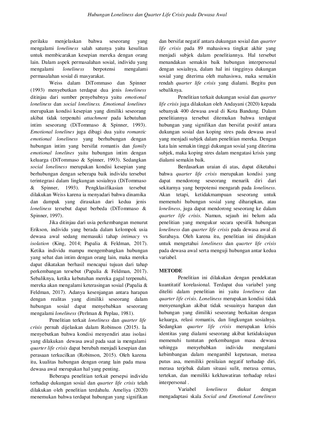 JURIS Hubungan Loneliness dan Quarter Life Crisis pada Dewasa Awal