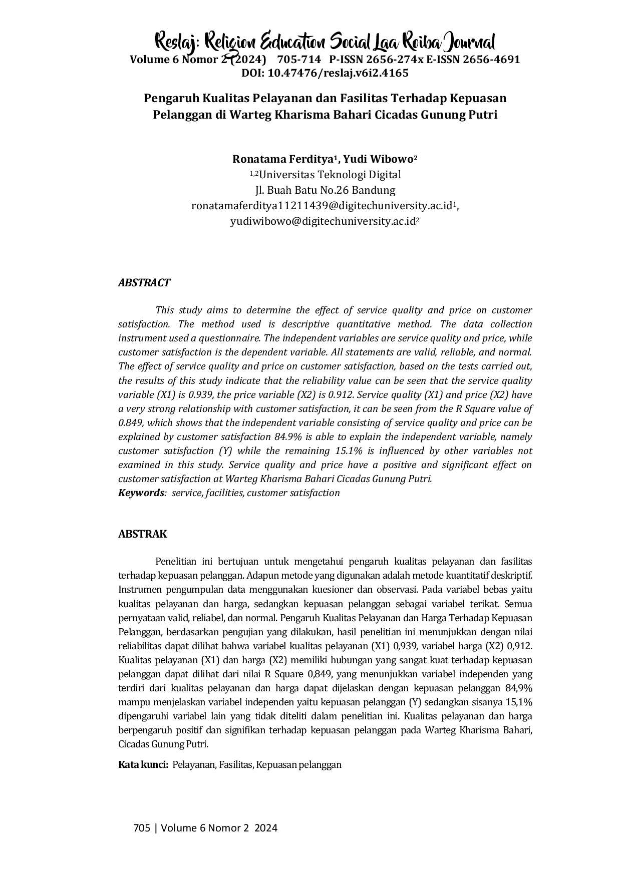 juris Pengaruh Kualitas Pelayanan dan Fasilitas terhadap Kepuasan Pelanggan di Warteg Kharisma Bahari Cicadas Gunung Putri