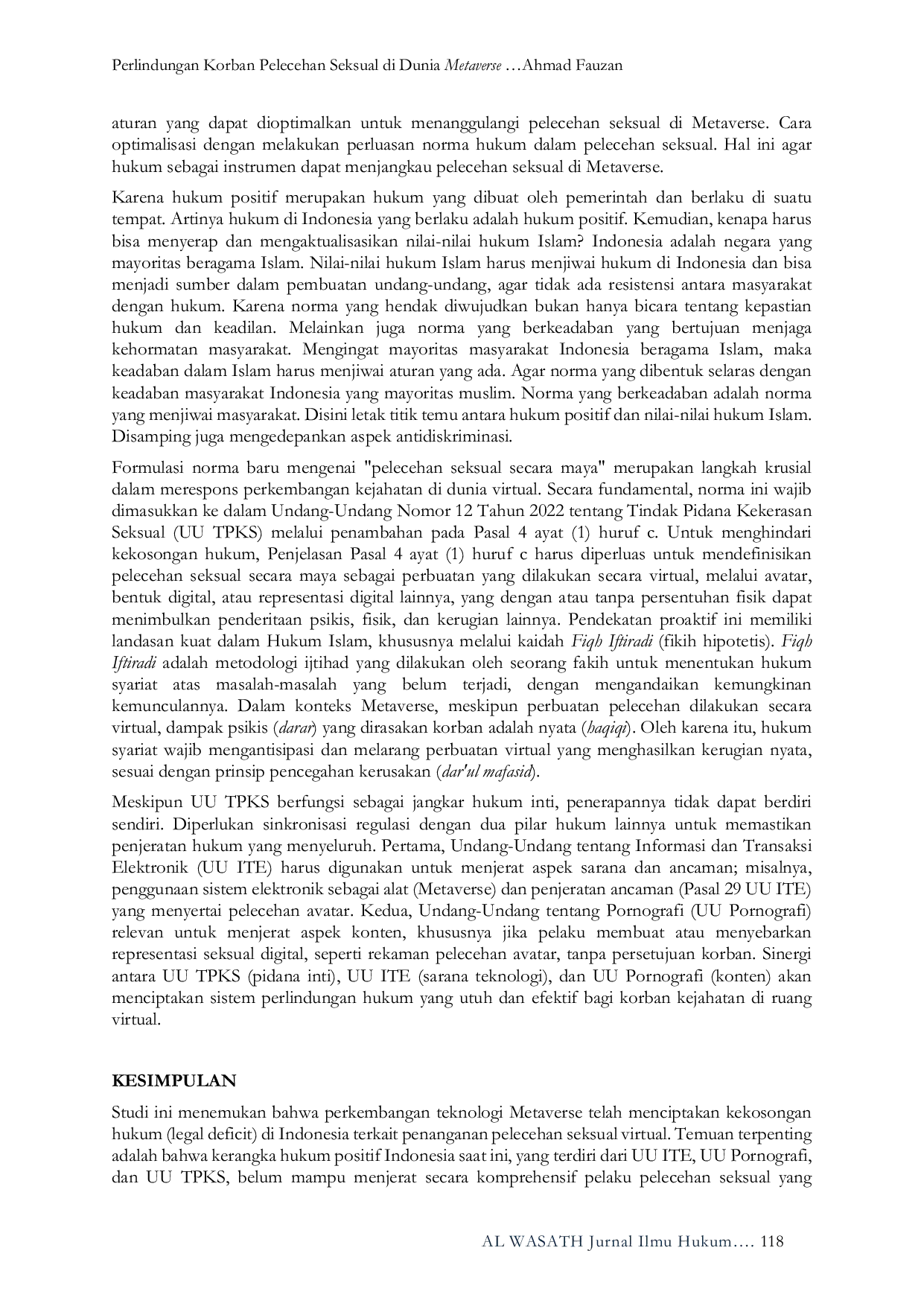 JURIS Perlindungan Korban Pelecehan Seksual di Dunia Metaverse Tinjauan Hukum Positif Indonesia dan Hukum Pidana Islam