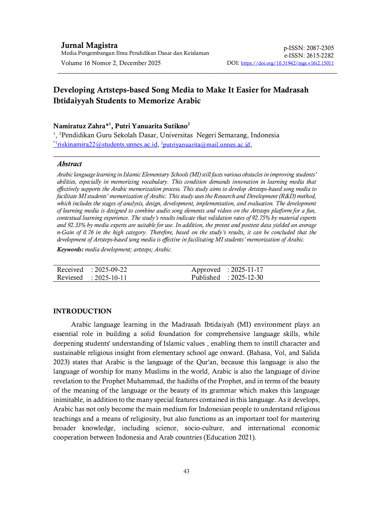 JURIS Developing Artsteps based Song Media to Make It Easier for Madrasah Ibtidaiyyah Students to Memorize Arabic