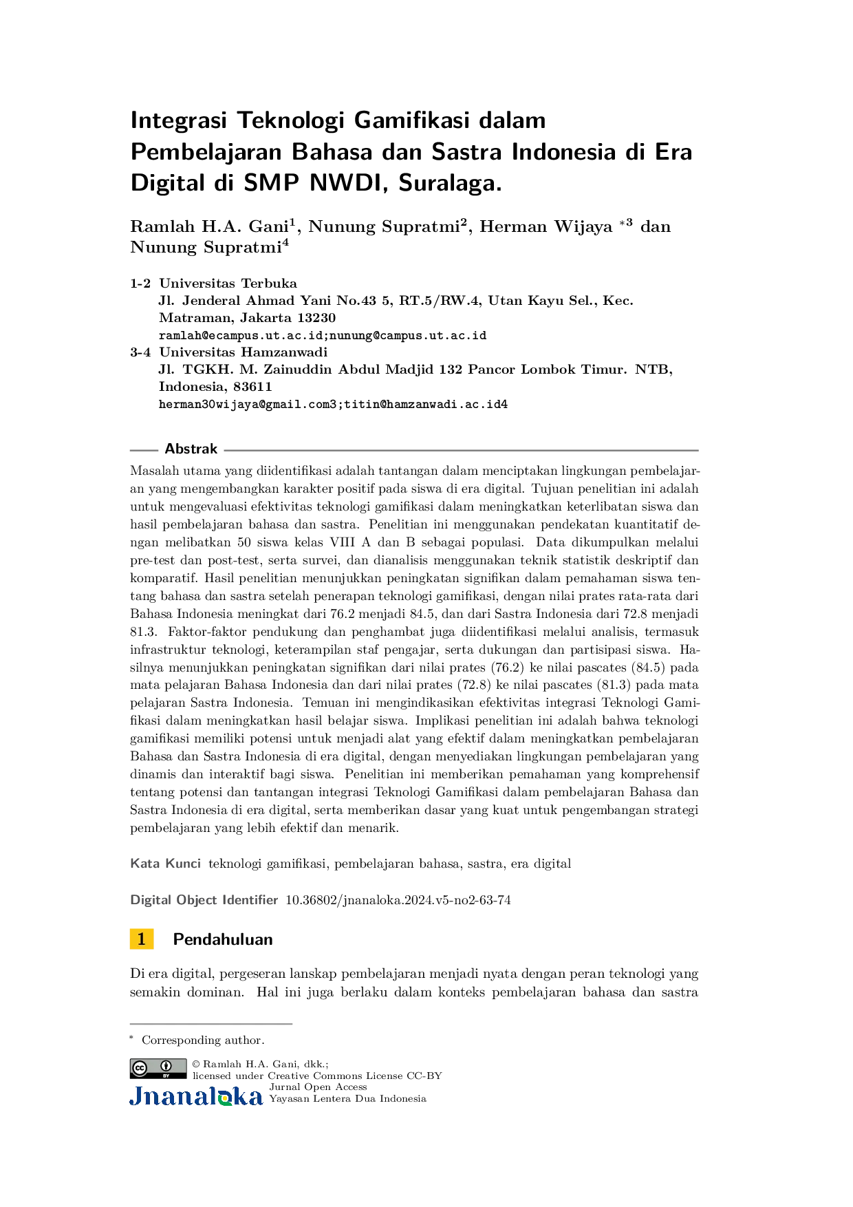 JURIS Integrasi Teknologi Gamifikasi dalam Pembelajaran Bahasa dan Sastra Indonesia di Era Digital di SMP NWDI Suralaga