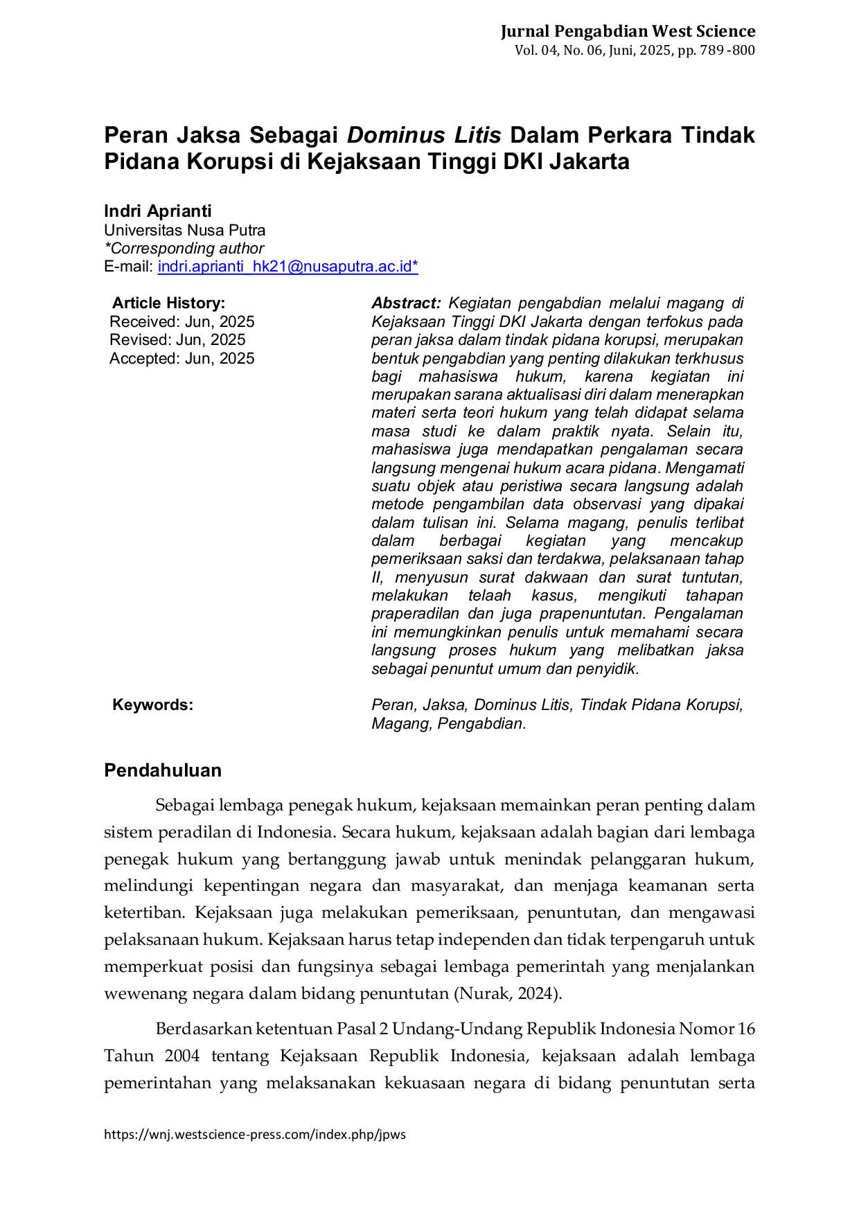 JURIS Peran Jaksa Sebagai Dominus Litis Dalam Perkara Tindak Pidana Korupsi di Kejaksaan Tinggi DKI Jakarta