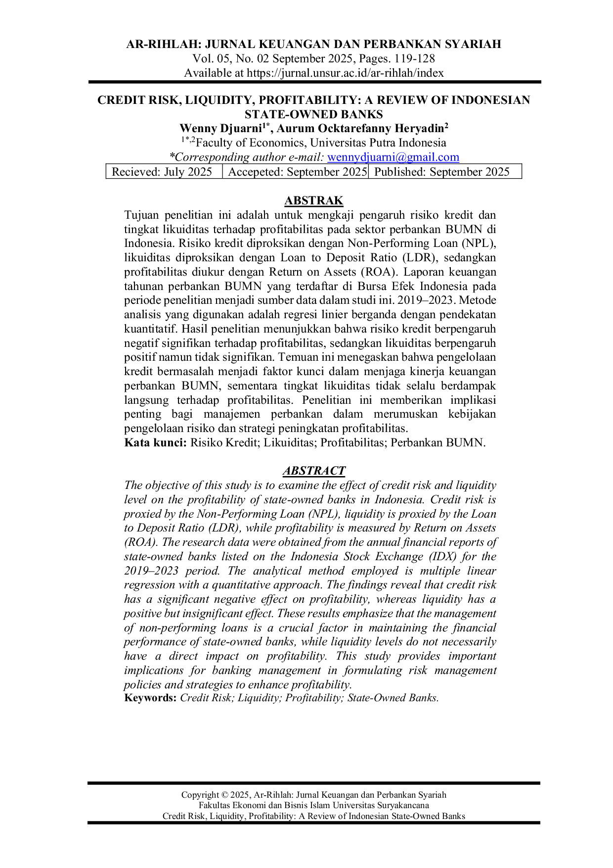 JURIS Credit Risk Liquidity Profitability A Review of Indonesian State Owned Banks