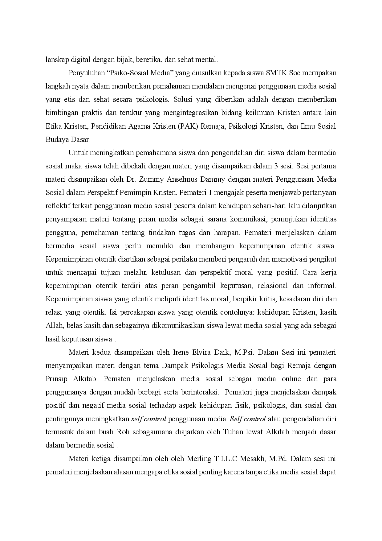 juris Penyuluhan Etika dan Dampak Psikologis Media Sosial dalam Perspektif Agama Kristen untuk Siswa SMTK Soe Kabupaten Timor Tengah Selatan