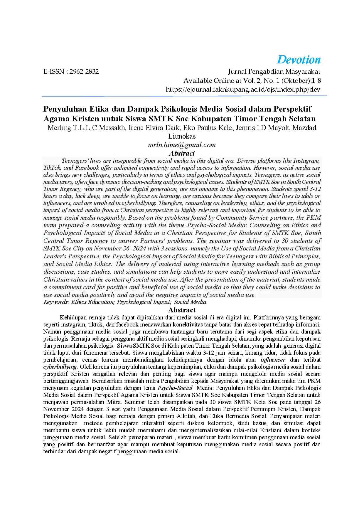 juris Penyuluhan Etika dan Dampak Psikologis Media Sosial dalam Perspektif Agama Kristen untuk Siswa SMTK Soe Kabupaten Timor Tengah Selatan