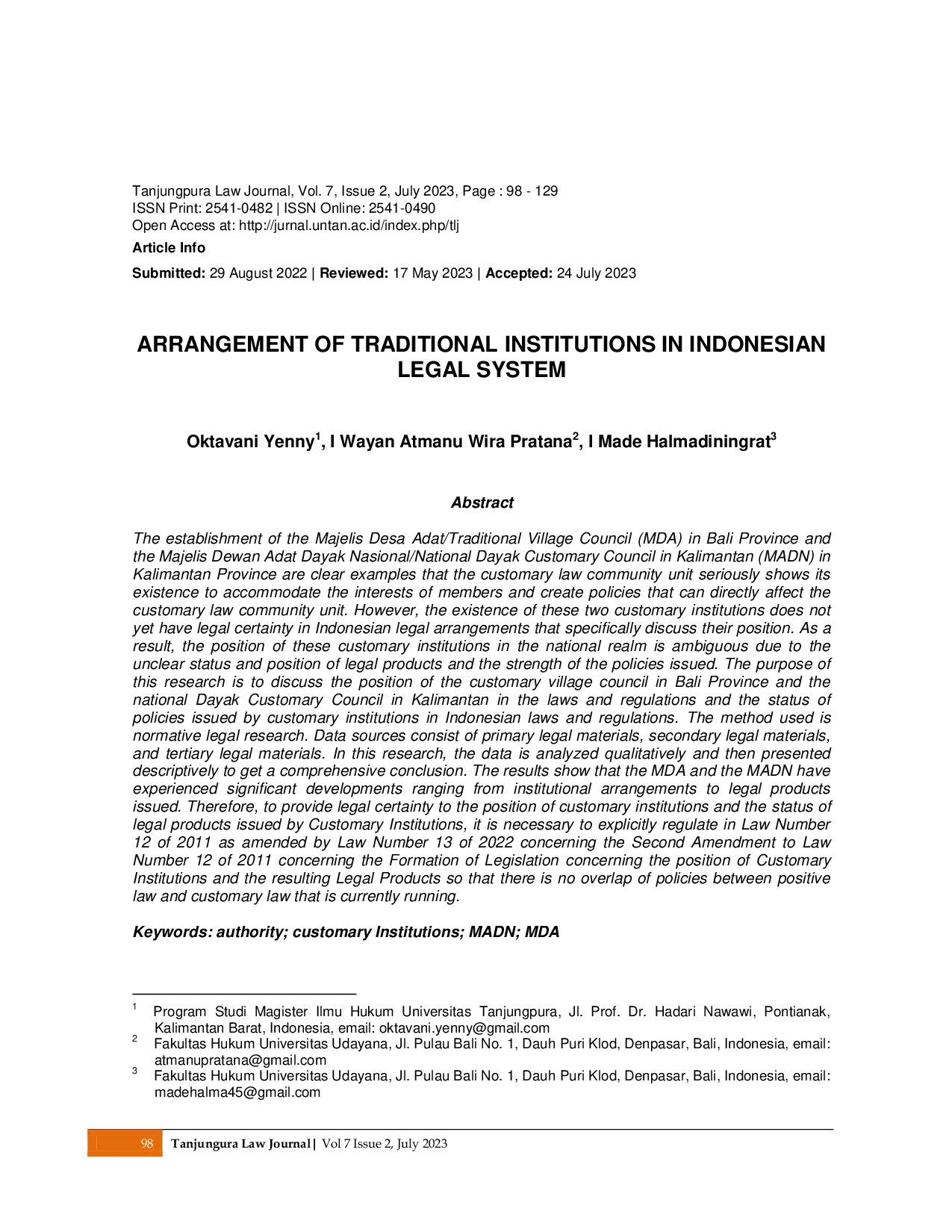 JURIS Arrangement of Traditional Institutions in Indonesian Legal System