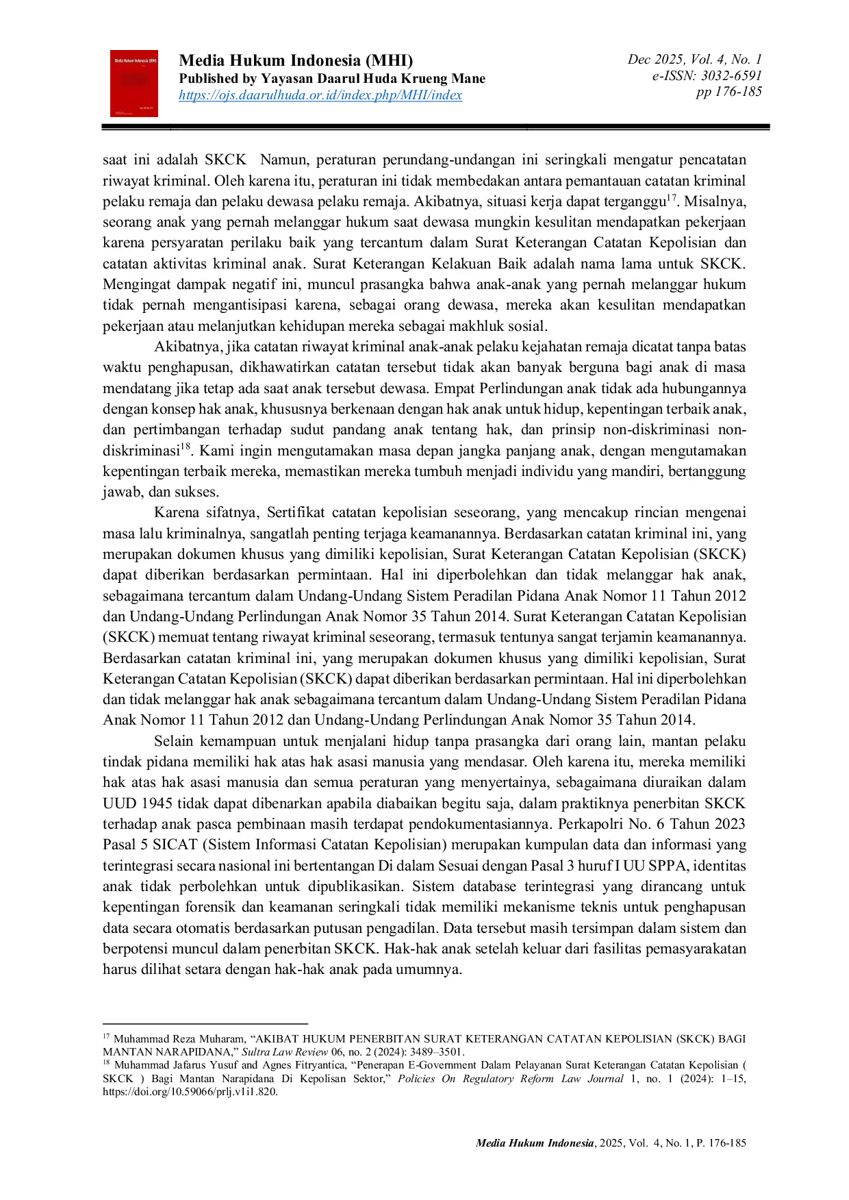 JURIS Perlindungan Hukum Terhadap Anak Dalam Penerbitan Surat Keterangan Catatan Kepolisian