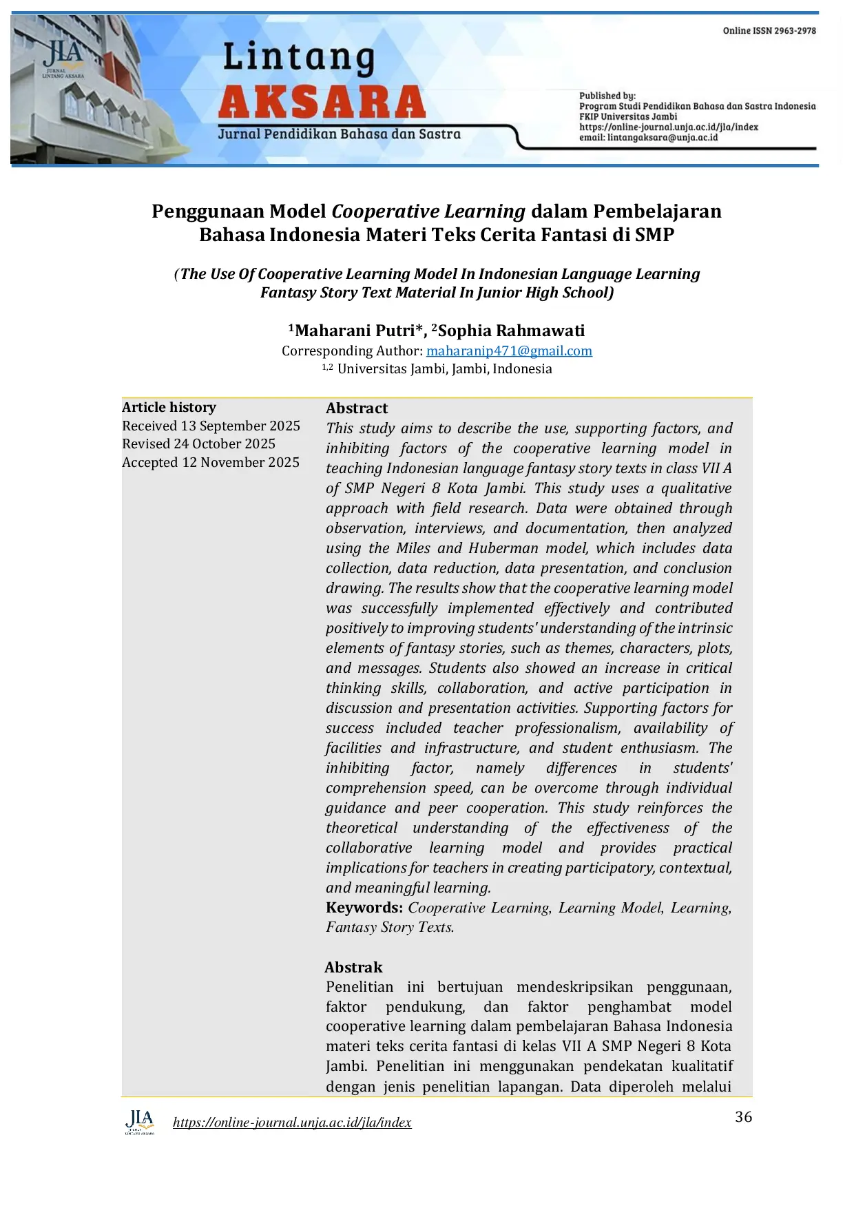 JURIS Penggunaan Model Cooperative Learning dalam Pembelajaran Bahasa Indonesia Materi Teks Cerita Fantasi di SMP