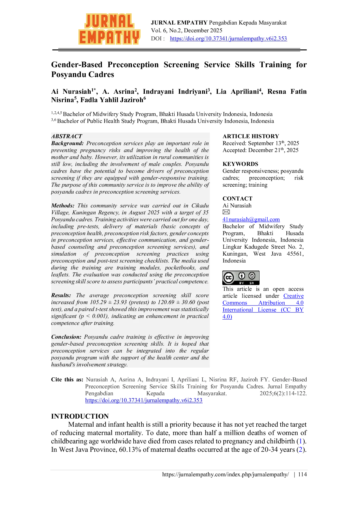 JURIS Gender Based Preconception Screening Service Skills Training for Posyandu Cadres