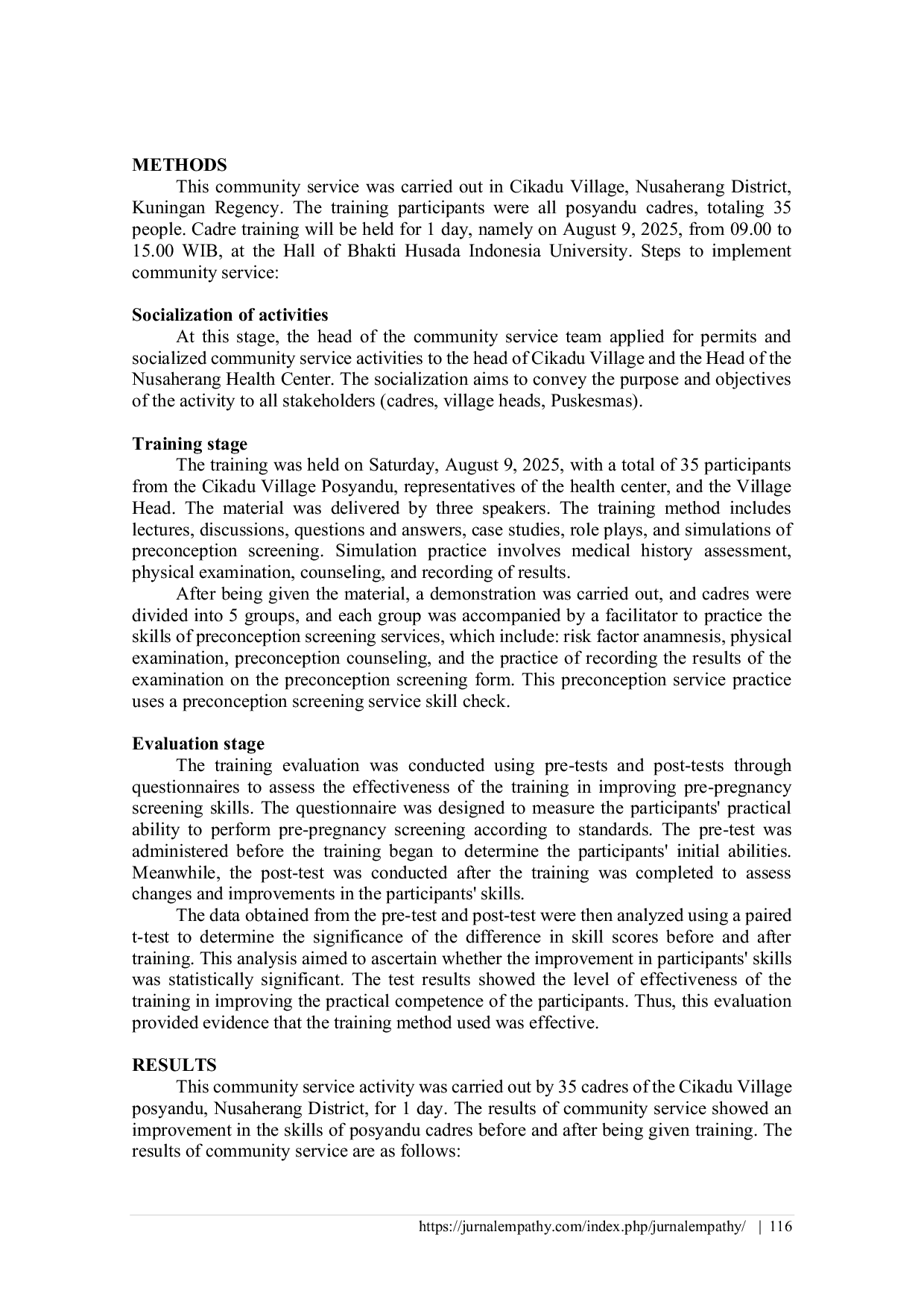 JURIS Gender Based Preconception Screening Service Skills Training for Posyandu Cadres