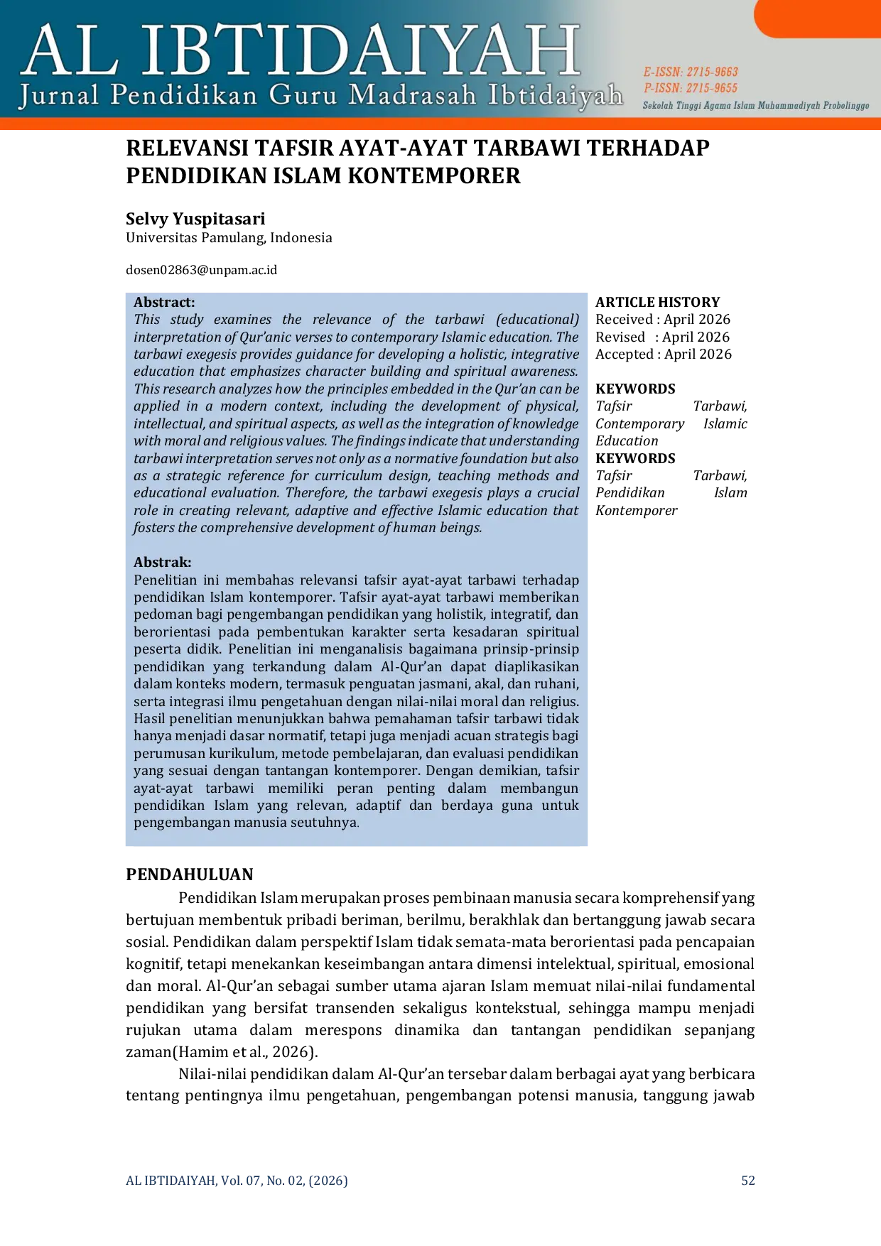 JURIS Relevansi Tafsir Ayat Ayat Tarbawi Terhadap Pendidikan Islam Kontemporer