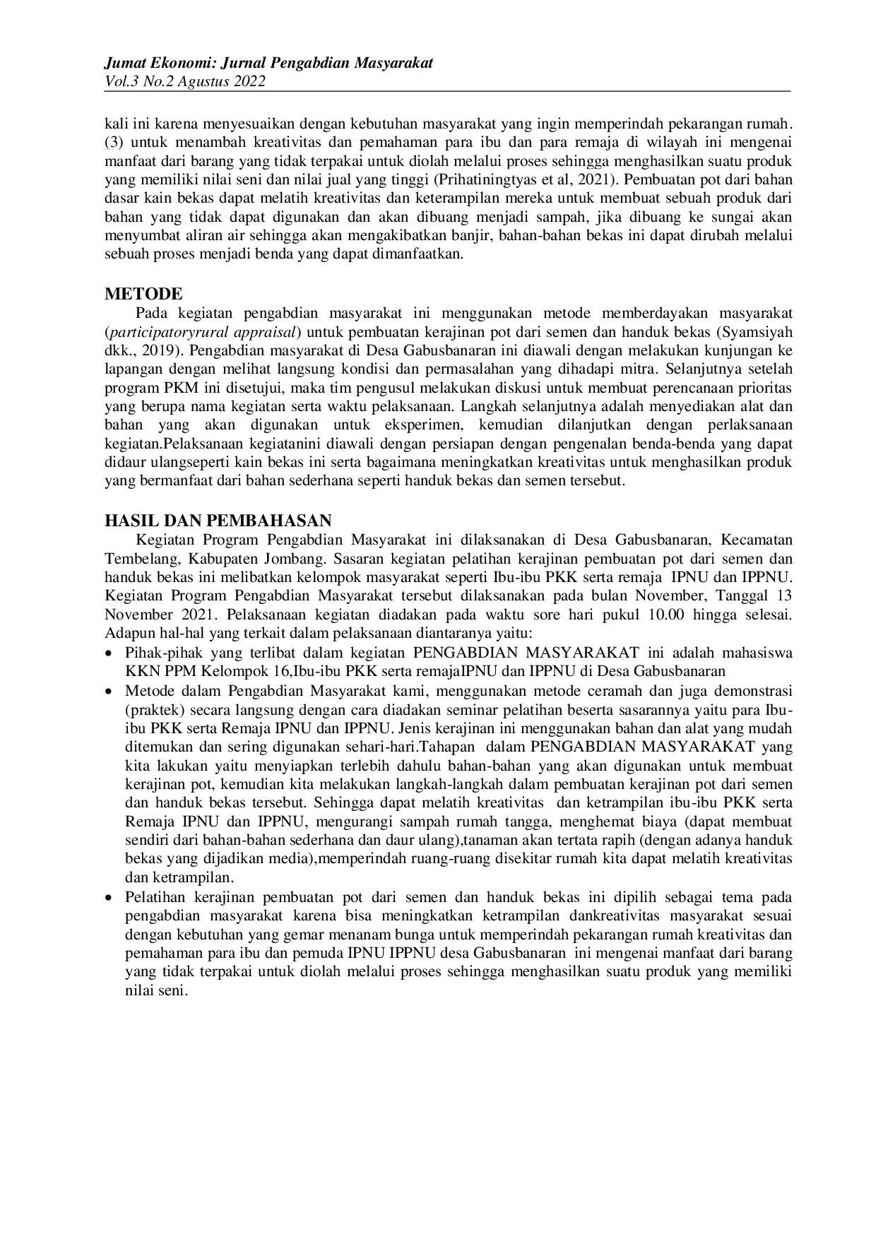 JURIS Pelatihan Kerajinan Pot dari Semen dan Handuk Bekas Guna Menumbuhkan Kreativitas Masyarakat