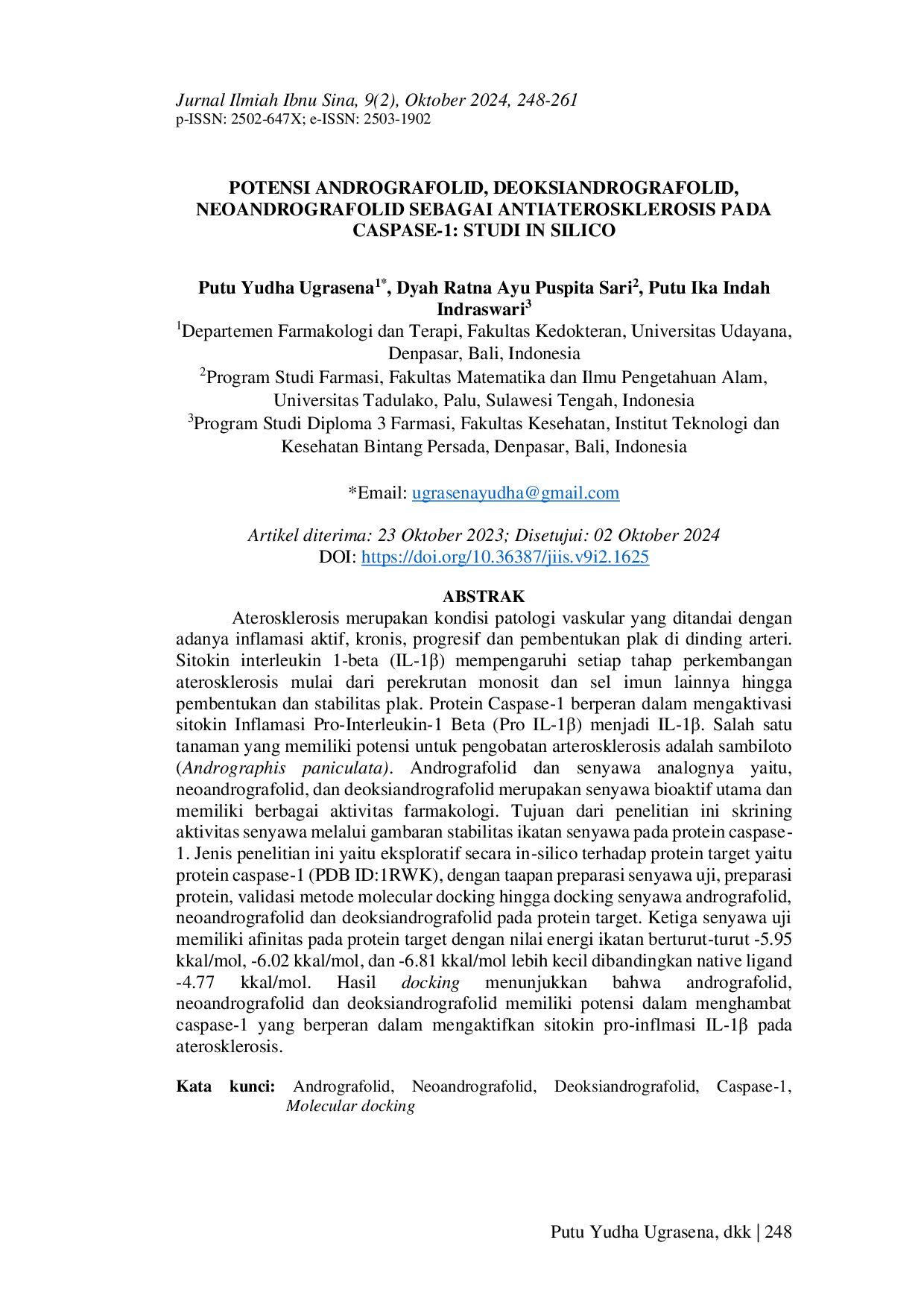 JURIS Potensi Andrografolid Deoksiandrografolid Neoandrografolid Sebagai Antiaterosklerosis Pada Caspase 1 Studi In Silico