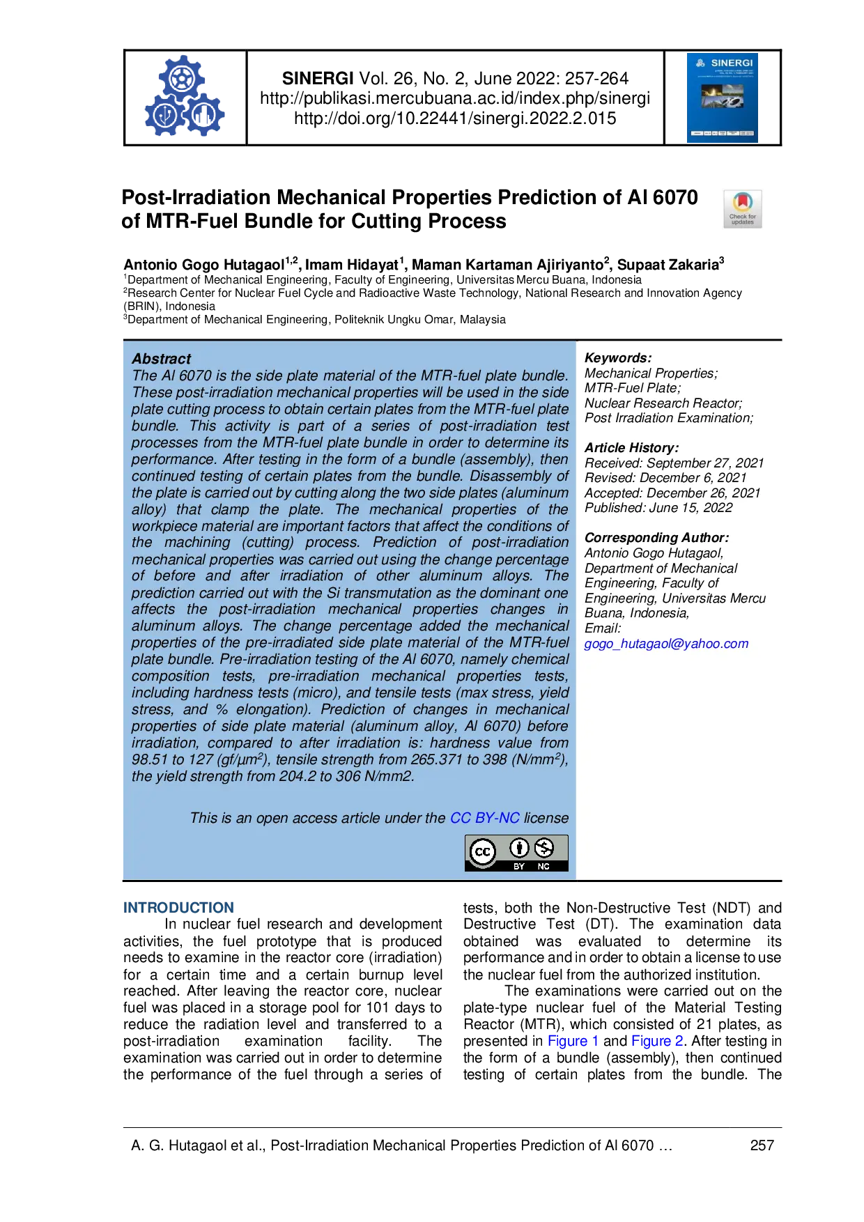 JURIS Post Irradiation Mechanical Properties Prediction of Al 6070 of MTR Fuel Bundle for Cutting Process