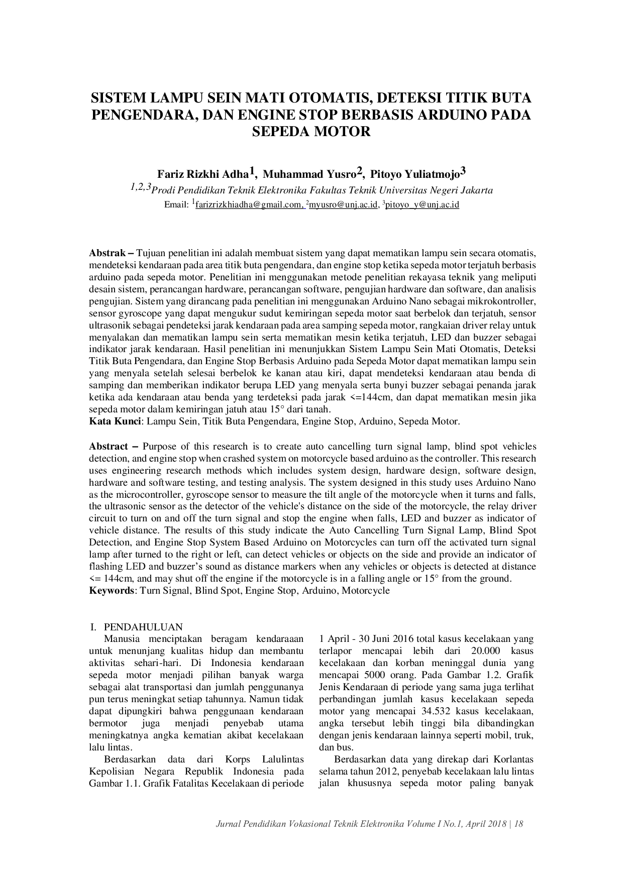 JURIS Sistem Lampu Sein Mati Otomatis Deteksi Titik Buta Pengendara dan Engine Stop Berbasis Arduino pada Sepeda Motor