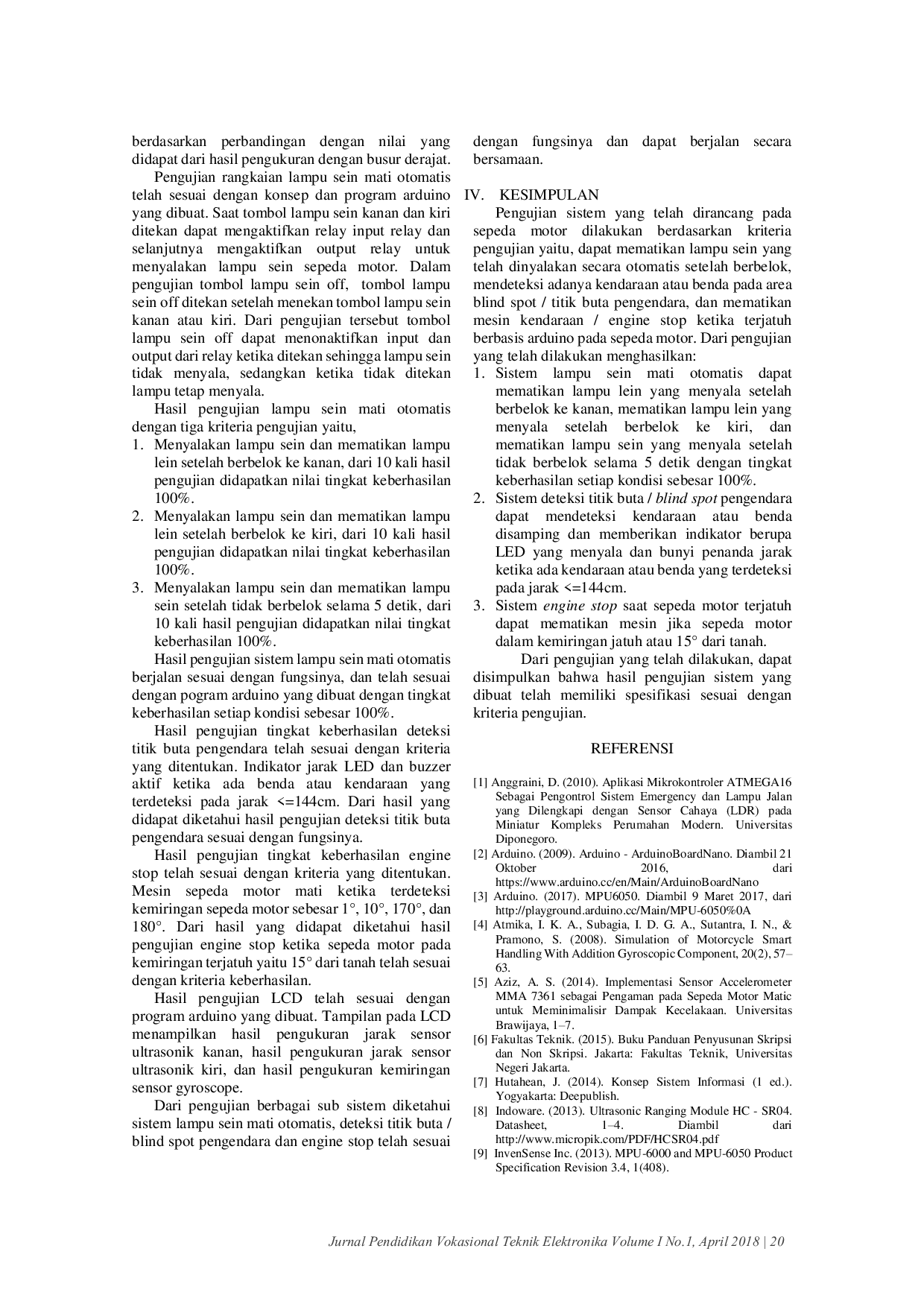 JURIS Sistem Lampu Sein Mati Otomatis Deteksi Titik Buta Pengendara dan Engine Stop Berbasis Arduino pada Sepeda Motor