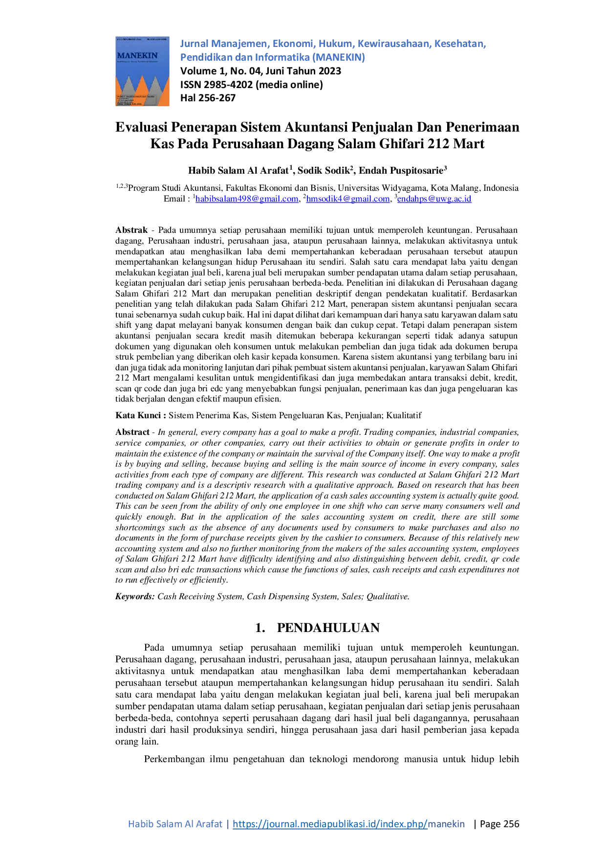 JURIS Evaluasi Penerapan Sistem Akuntansi Penjualan Dan Penerimaan Kas Pada Perusahaan Dagang Salam Ghifari 212 Mart