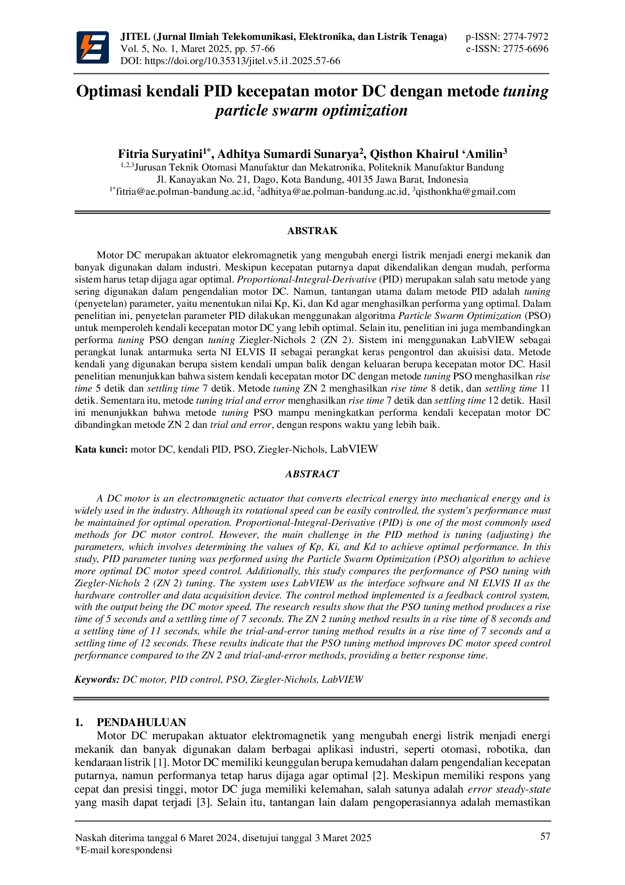 JURIS Optimasi kendali PID kecepatan motor DC dengan metode tuning particle swarm optimization