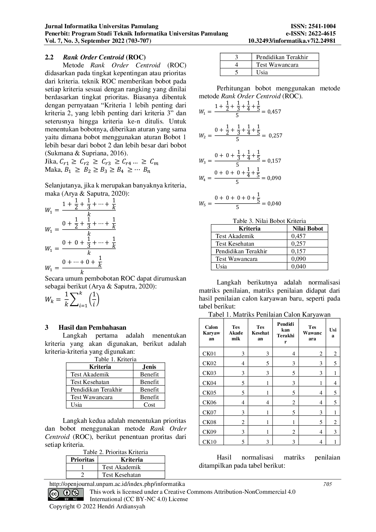 JURIS Metode SAW dengan Pembobotan ROC untuk Seleksi Karyawan Baru pada PT Mesco Sarana Nusantara