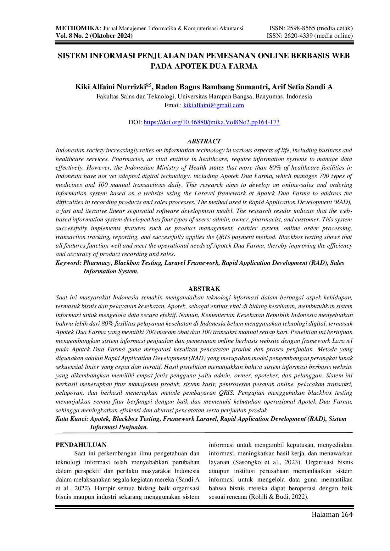 JURIS Sistem Informasi Penjualan Dan Pemesanan Online Berbasis Web Pada Apotek Dua Farma