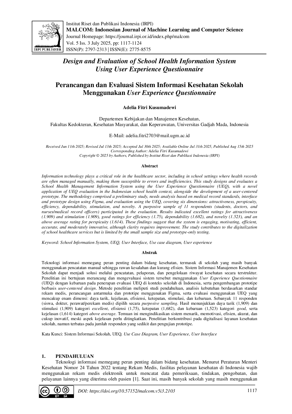 JURIS Perancangan dan Evaluasi Sistem Informasi Kesehatan Sekolah Menggunakan User Experience Questionnaire