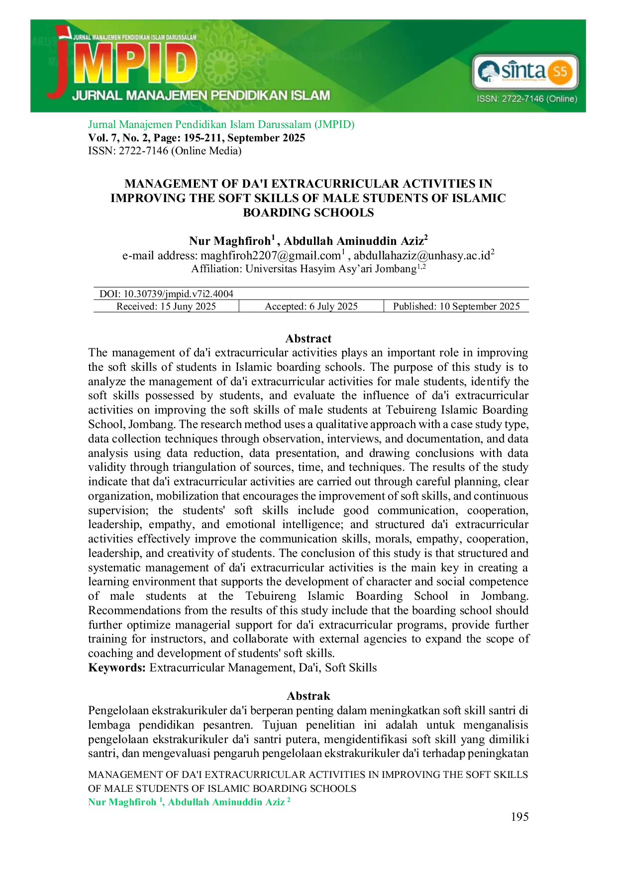 JURIS Management of Da i Extracurricular Activities in Improving the Soft Skills of Male Students of Islamic Boarding Schools