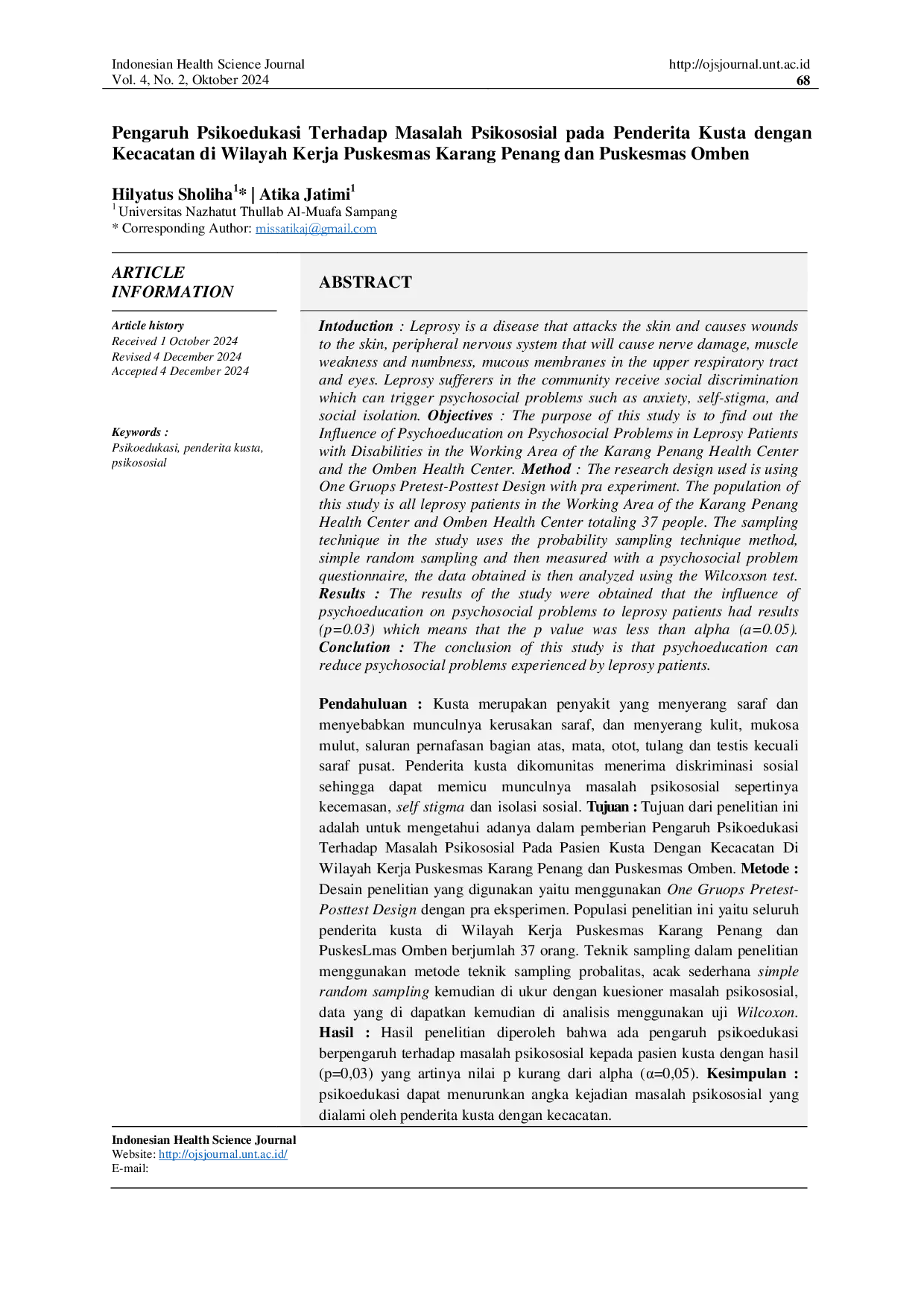 JURIS Pengaruh Psikoedukasi Terhadap Masalah Psikososial pada Penderita Kusta dengan Kecacatan di Wilayah Kerja Puskesmas Karang Penang dan Puskesmas Omben