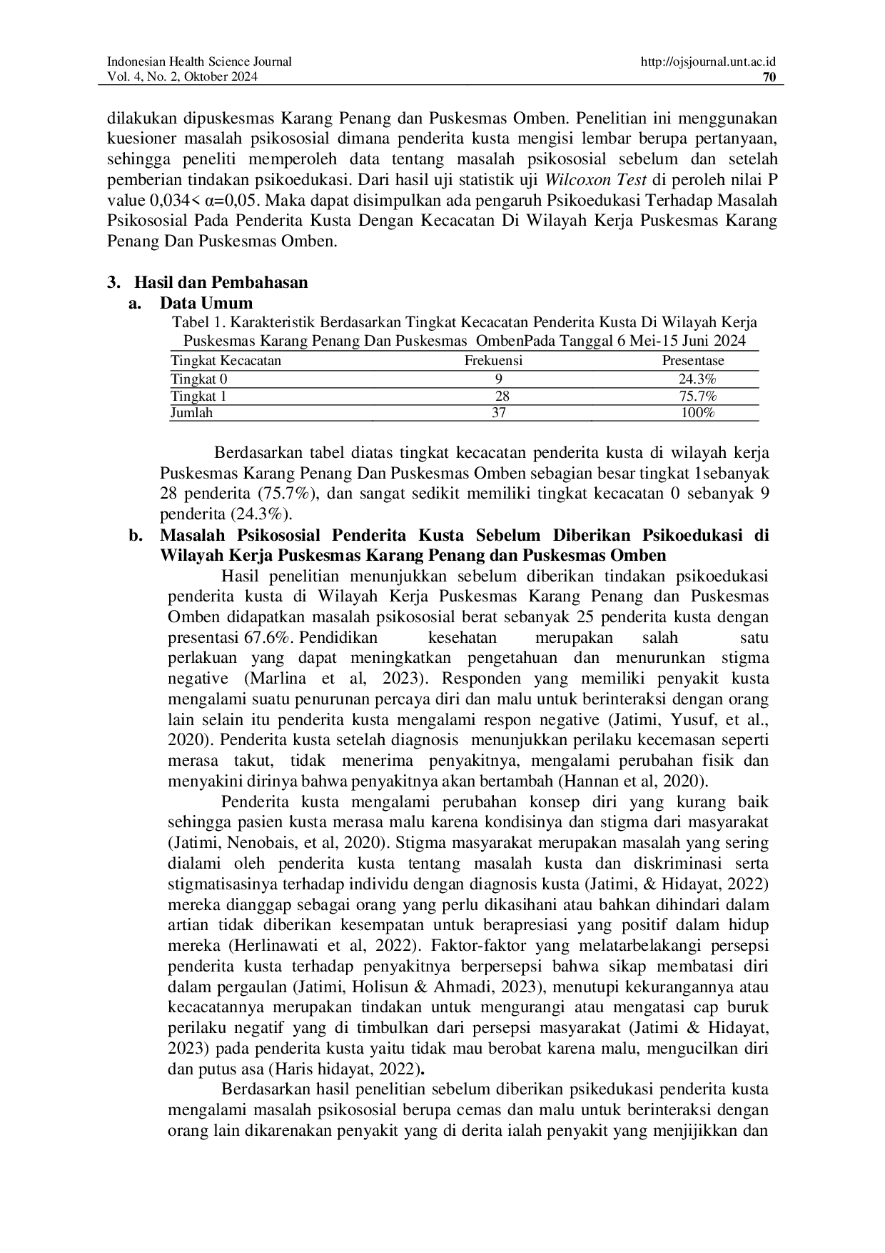 JURIS Pengaruh Psikoedukasi Terhadap Masalah Psikososial pada Penderita Kusta dengan Kecacatan di Wilayah Kerja Puskesmas Karang Penang dan Puskesmas Omben