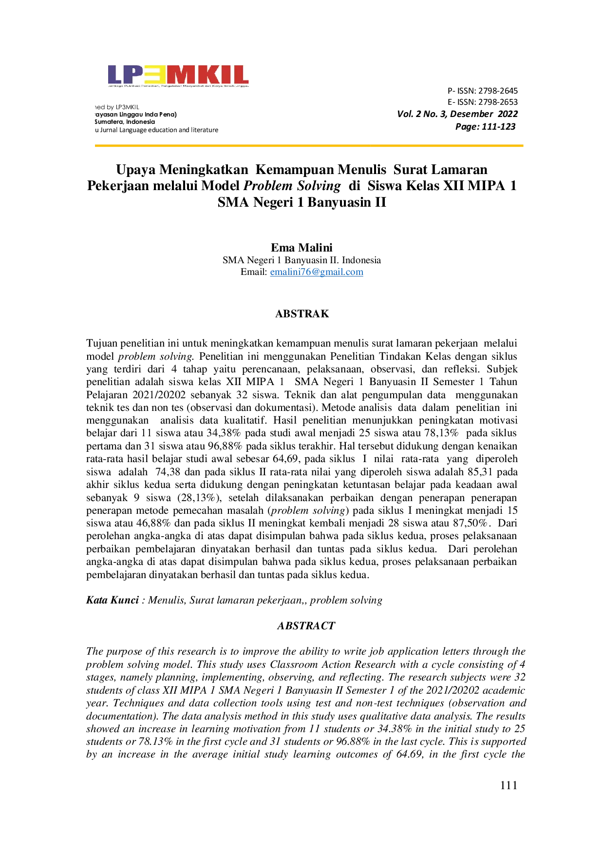 JURIS Upaya Meningkatkan Kemampuan Menulis Surat Lamaran Pekerjaan melalui Model Problem Solving di Siswa Kelas XII MIPA 1 SMA Negeri 1 Banyuasin II