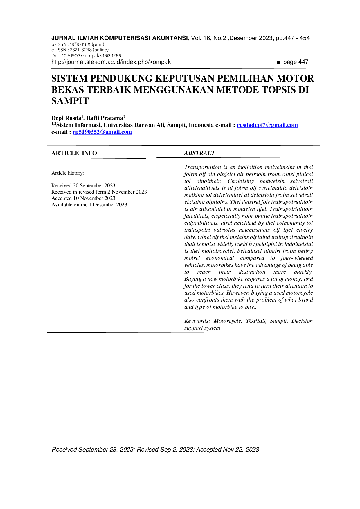 JURIS Sistem Pendukung Keputusan Pemilihan Motor Bekas Terbaik Menggunakan Metode TOPSIS di Sampit