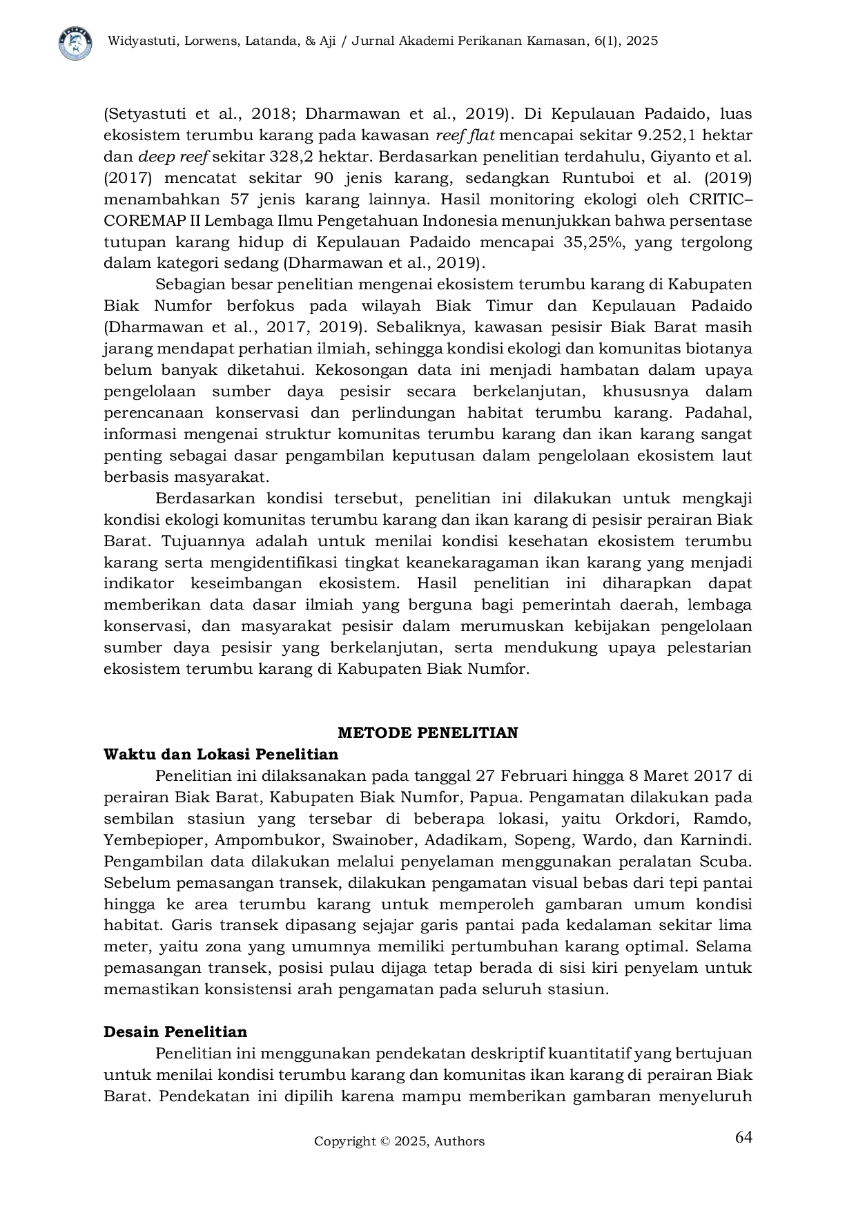 JURIS Komunitas Terumbu Karang dan Ikan di Pesisir Perairan Biak Barat Biak Papua