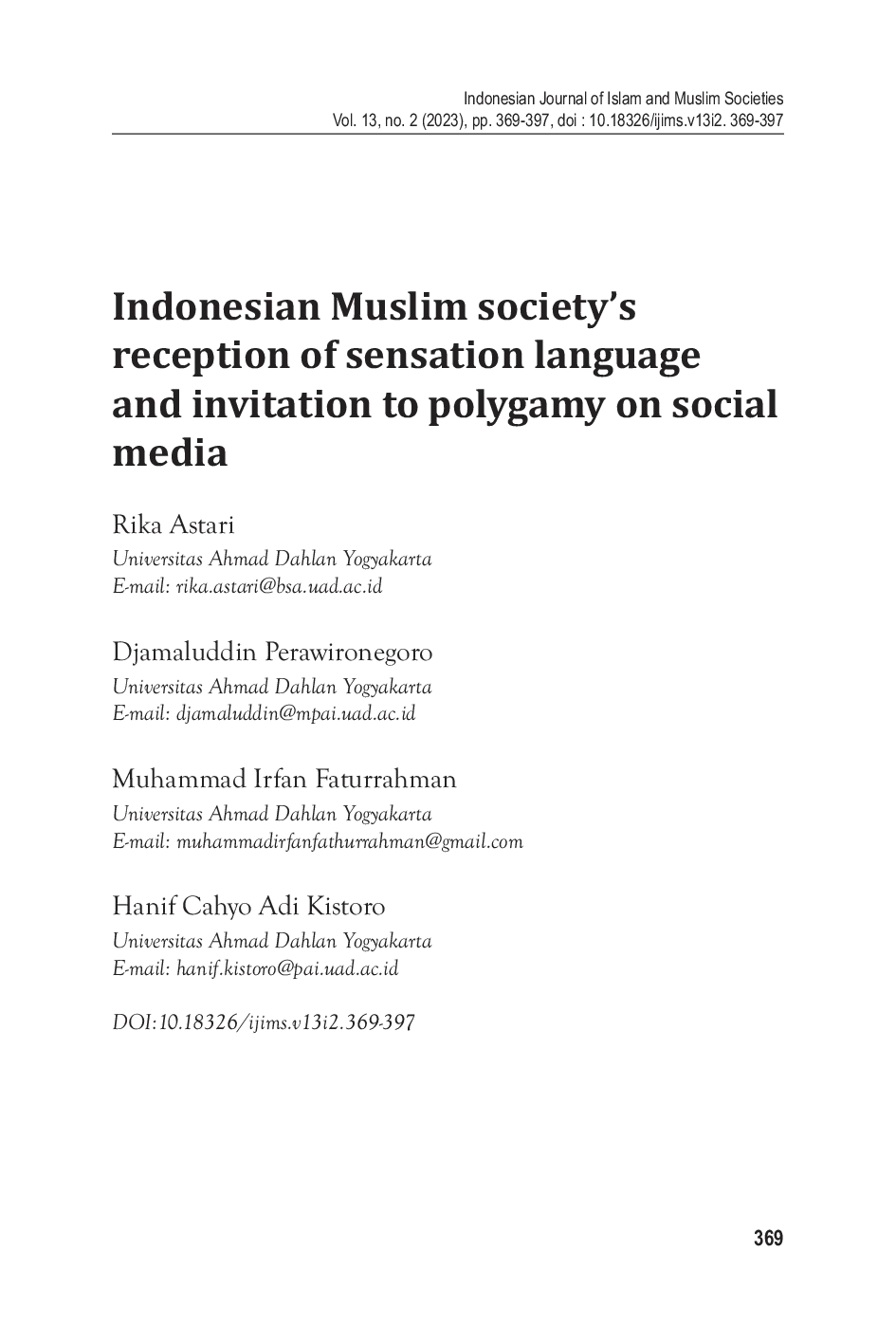 JURIS Indonesian Muslim society s reception of sensation language and invitation to polygamy on social media