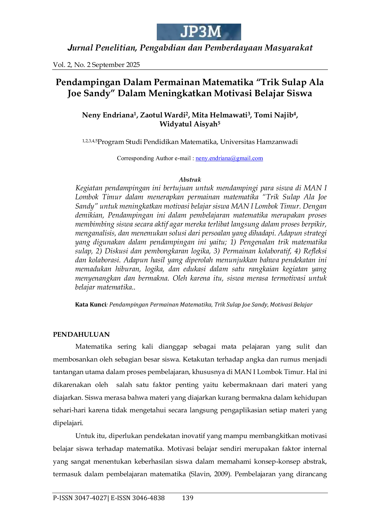 JURIS Pendampingan Dalam Permainan Matematika Trik Sulap Ala Joe Sandy Dalam Meningkatkan Motivasi Belajar Siswa