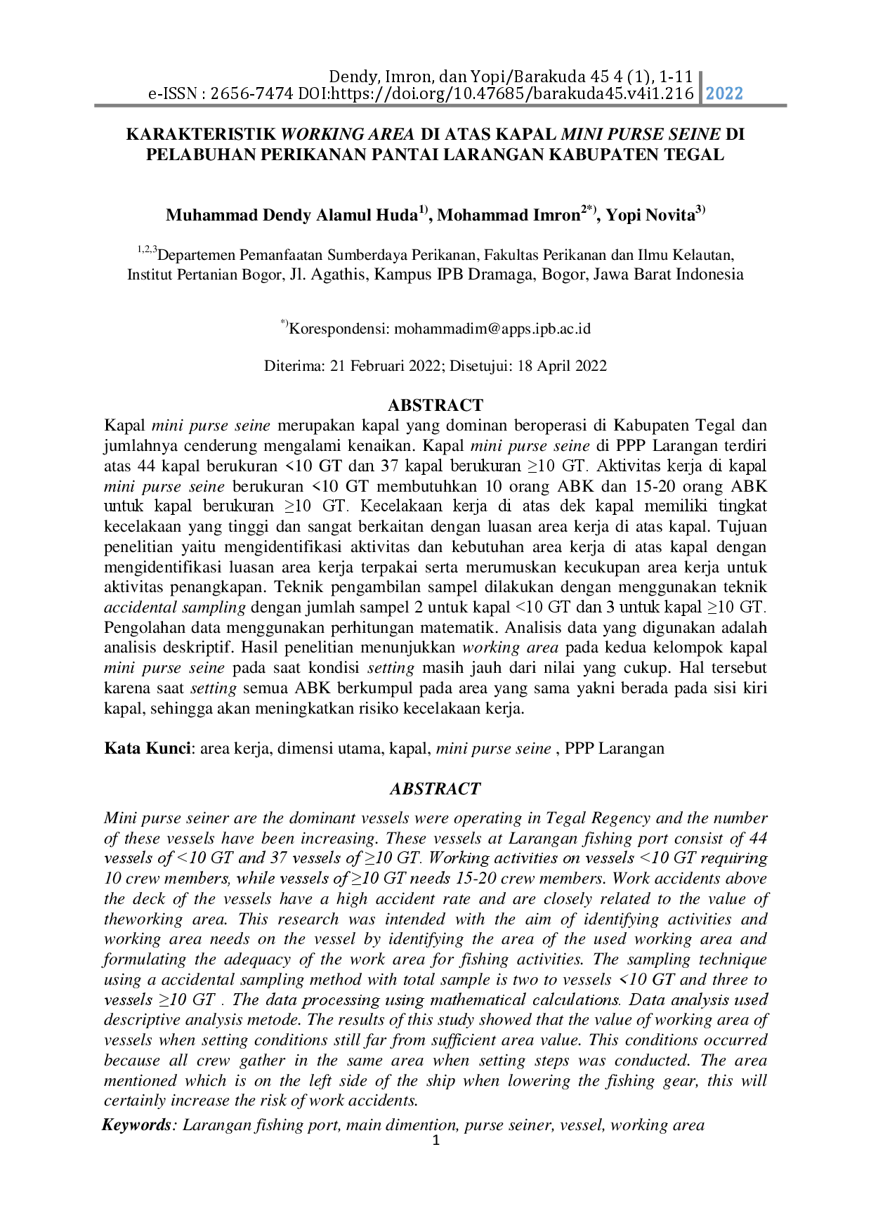 juris Karakteristik Working Area di Atas Kapal Mini Purse Seine di Pelabuhan Perikanan Pantai Larangan Kabupaten Tegal