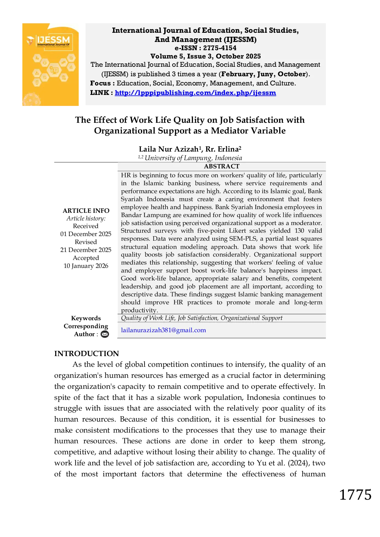 JURIS The Effect of Work Life Quality on Job Satisfaction with Organizational Support as a Mediator Variable
