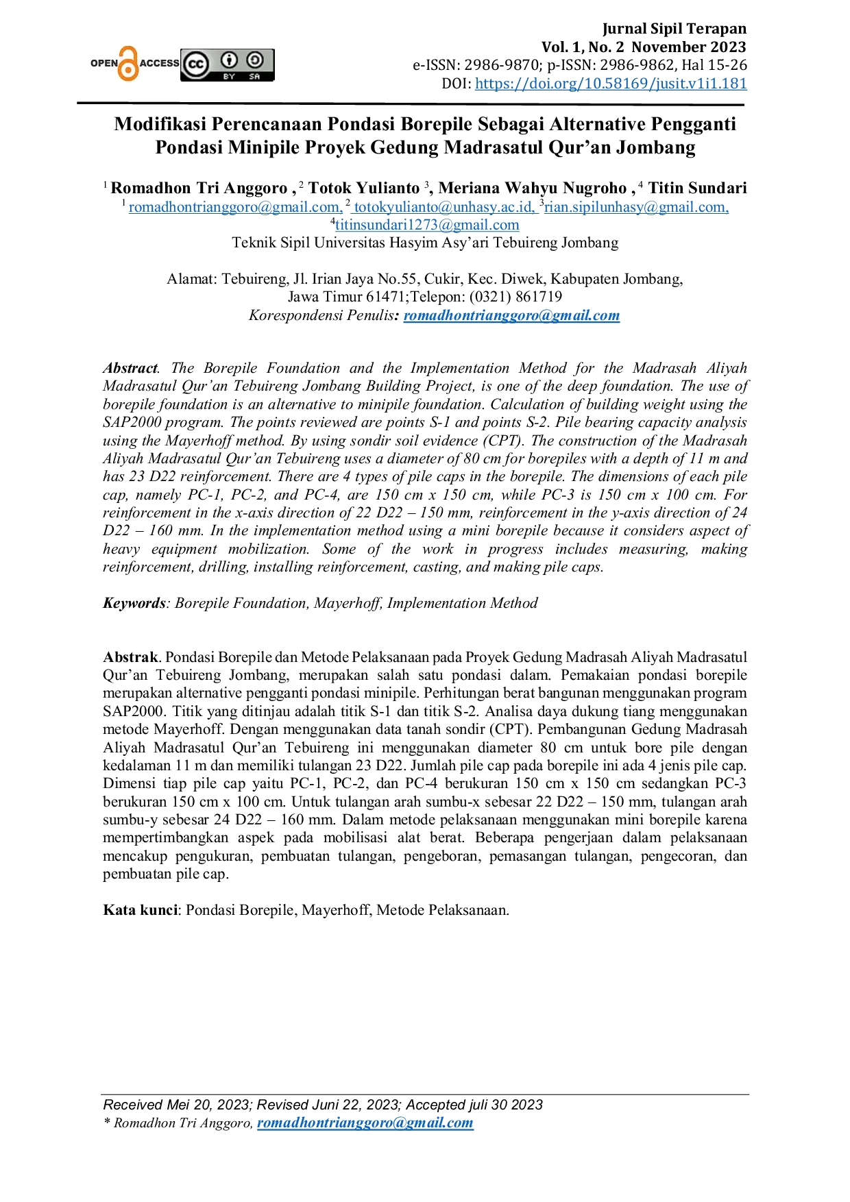 JURIS Modifikasi Perencanaan Pondasi Borepile Sebagai Alternative Pengganti Pondasi Minipile Proyek Gedung Madrasatul Qur an Jombang