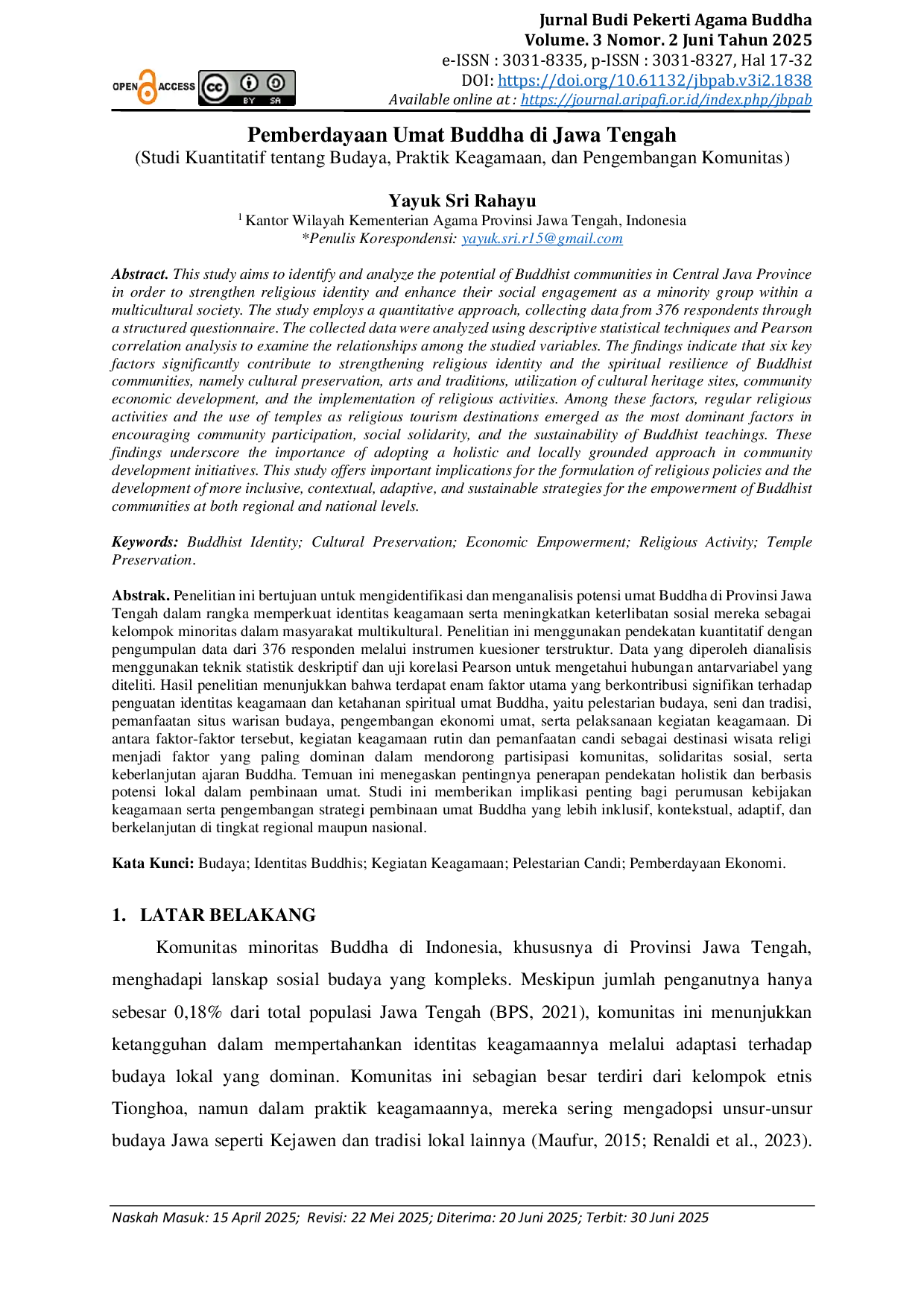 JURIS Pemberdayaan Umat Buddha di Jawa Tengah Studi Kuantitatif tentang Budaya Praktik Keagamaan dan Pengembangan Komunitas