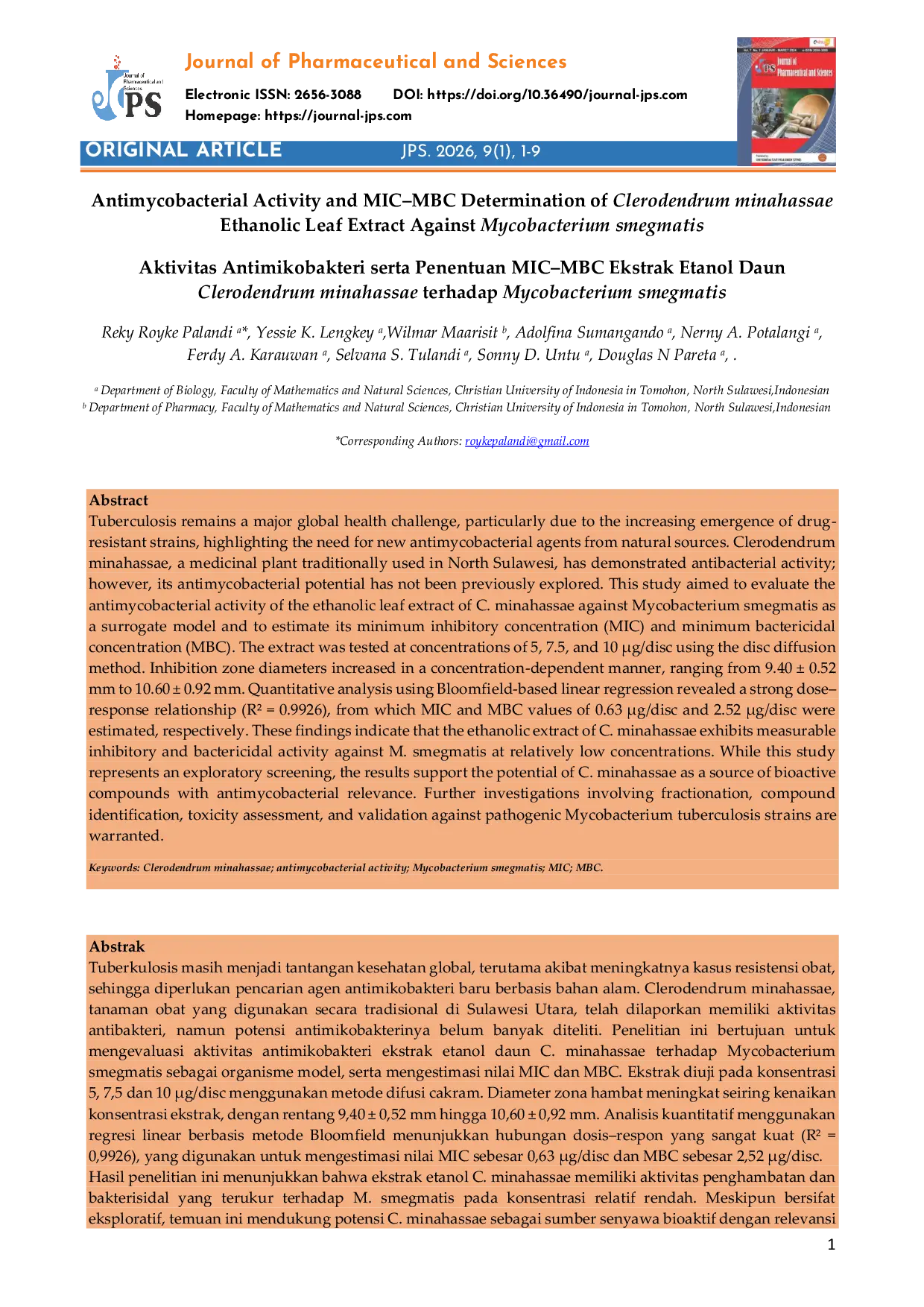 JURIS Aktivitas Antimikobakteri serta Penentuan MIC MBC Ekstrak Etanol Daun Clerodendrum minahassae terhadap Mycobacterium smegmatis