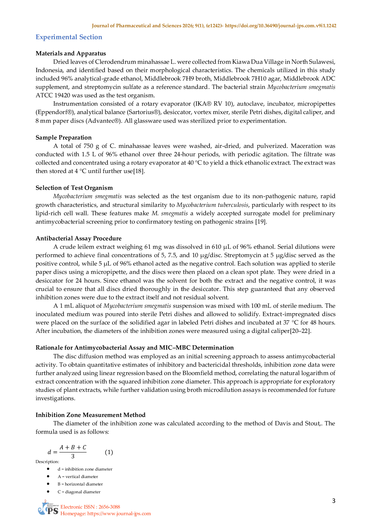 JURIS Aktivitas Antimikobakteri serta Penentuan MIC MBC Ekstrak Etanol Daun Clerodendrum minahassae terhadap Mycobacterium smegmatis