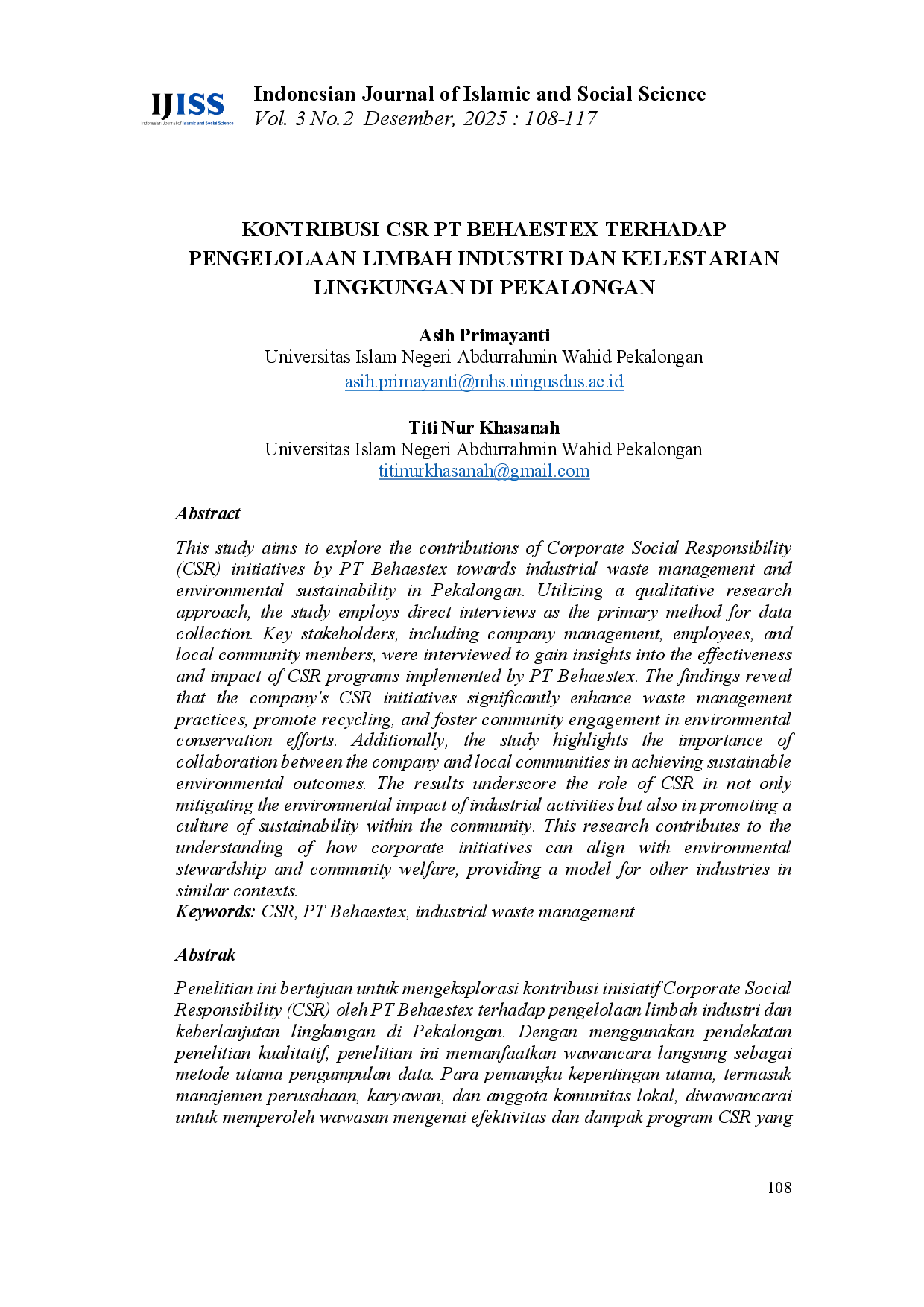 juris Kontribusi Csr Pt Behaestex Terhadap Pengelolaan Limbah Industri Dan Kelestarian Lingkungan Di Pekalongan