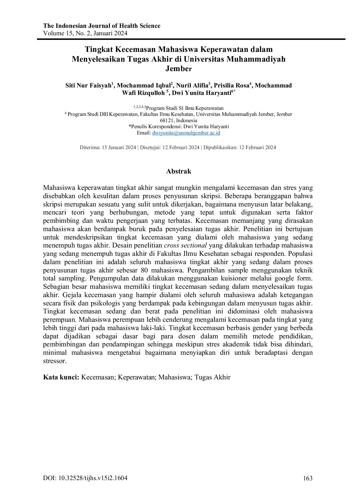 JURIS Tingkat Kecemasan Mahasiswa Keperawatan dalam Menyelesaikan Tugas Akhir di Universitas Muhammadiyah Jember