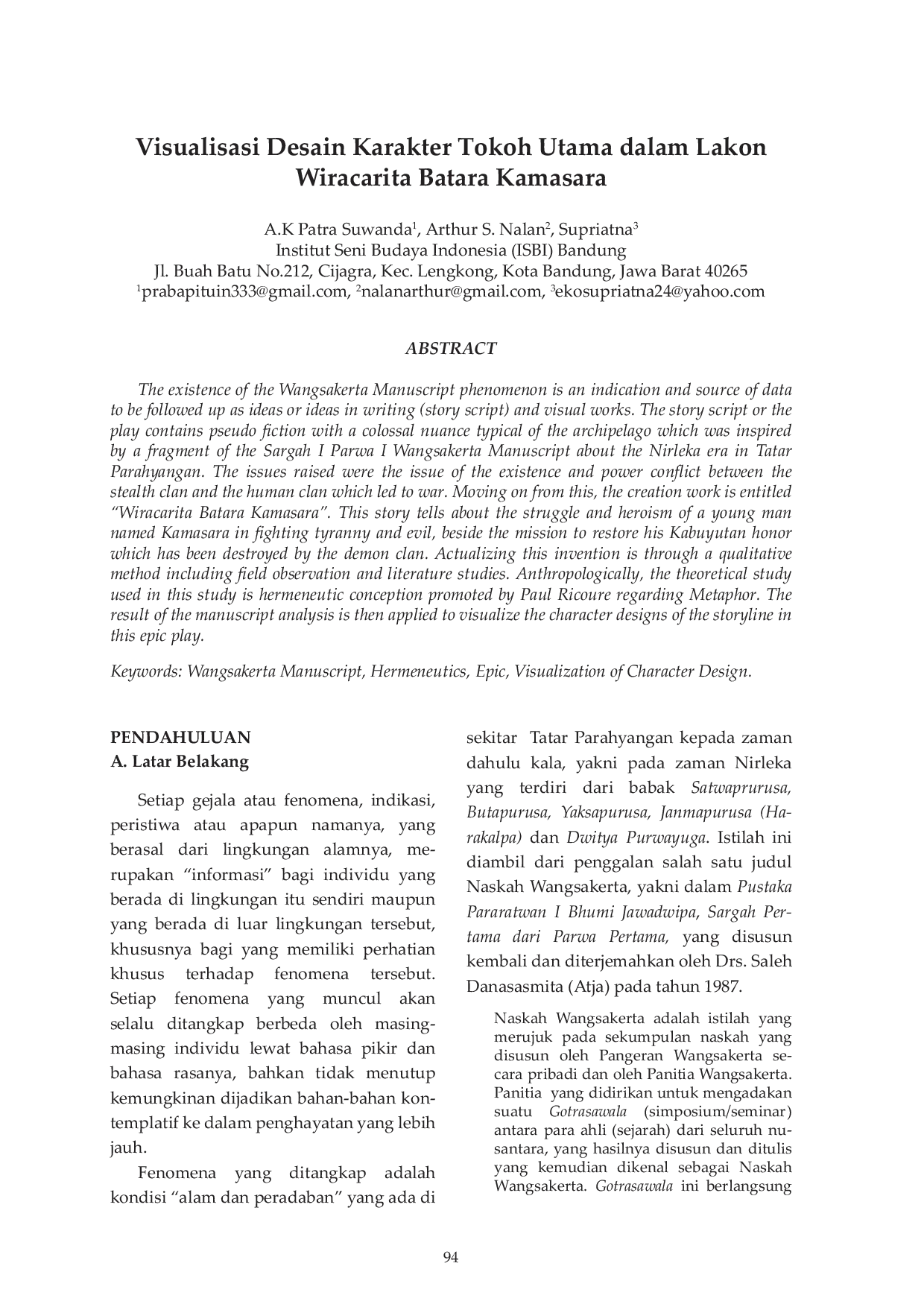 JURIS Visualisasi Desain Karakter Tokoh Utama dalam Lakon Wiracarita Batara Kamasara