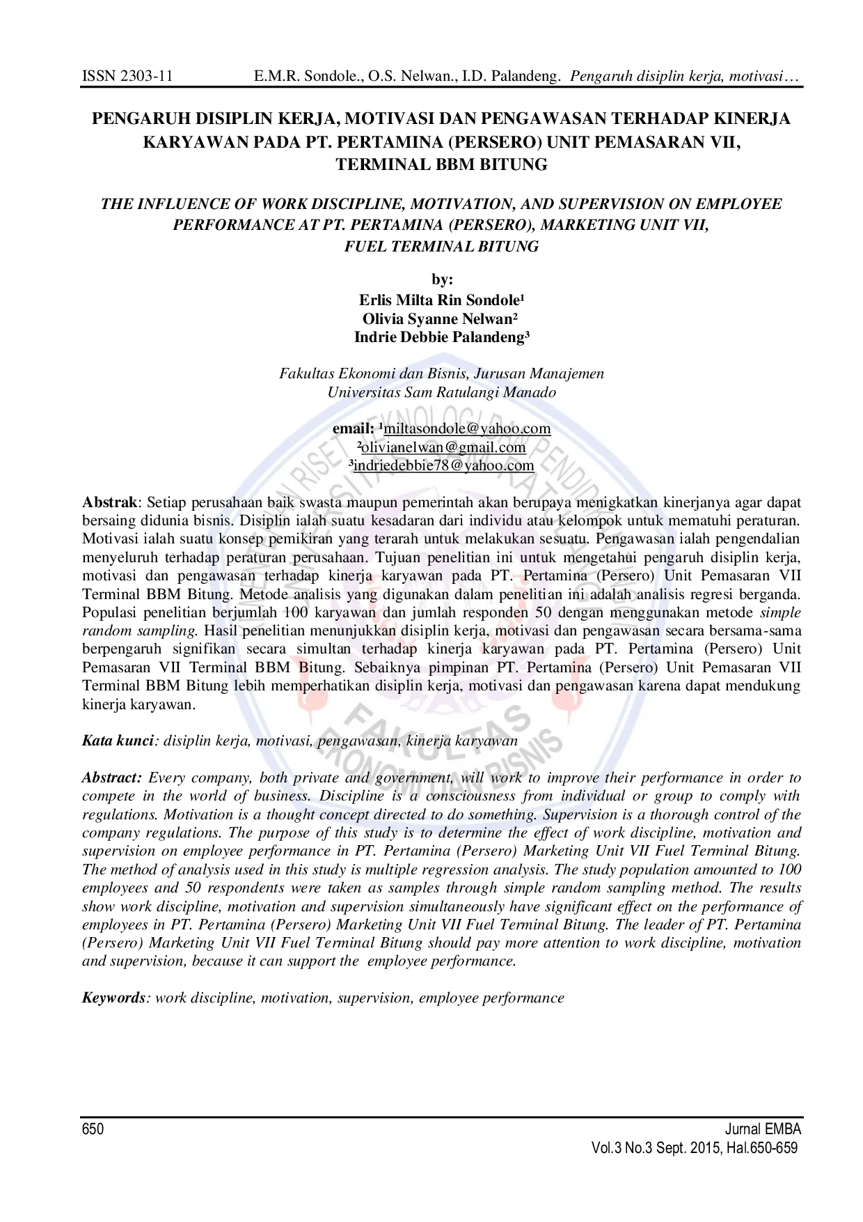 JURIS Pengaruh Disiplin Kerja Motivasi dan Pengawasan terhadap Kinerja Karyawan pada PT Pertamina Persero Unit Pemasaran VII Terminal BBM Bitung