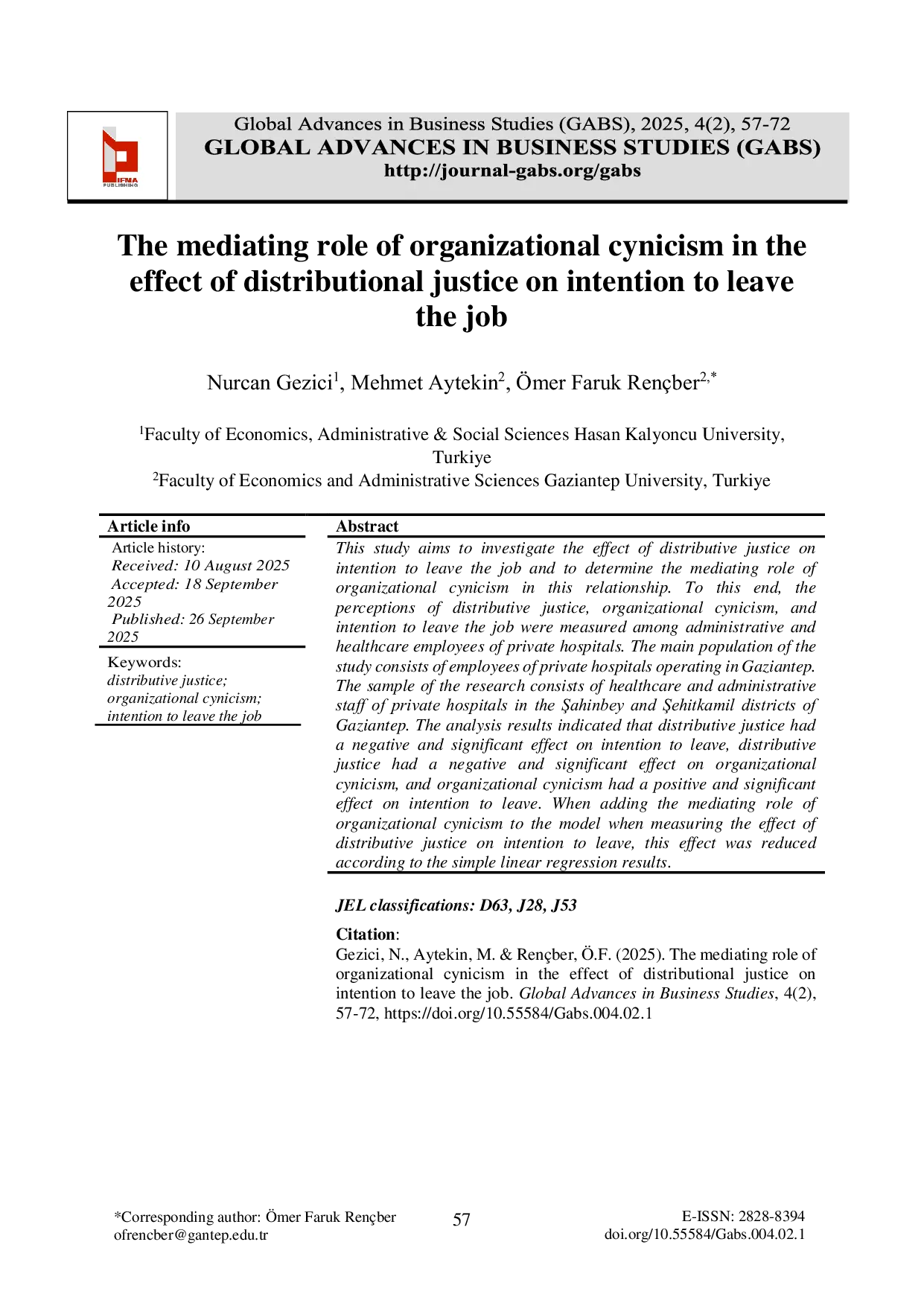 JURIS The mediating role of organizational cynicism in the effect of distributional justice on intention to leave the job