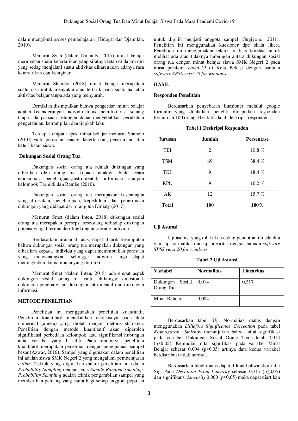 JURIS Dukungan Sosial Orang Tua dan Minat Belajar Siswa pada Masa Pandemi Covid 19