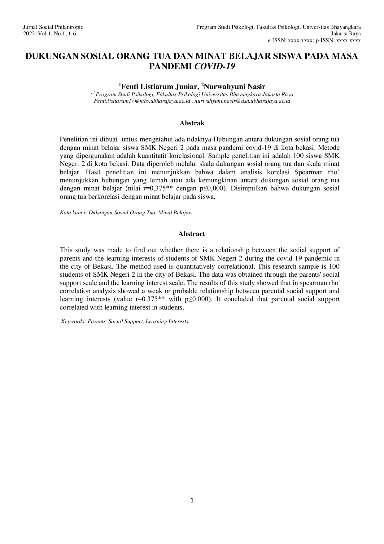 JURIS Dukungan Sosial Orang Tua dan Minat Belajar Siswa pada Masa Pandemi Covid 19