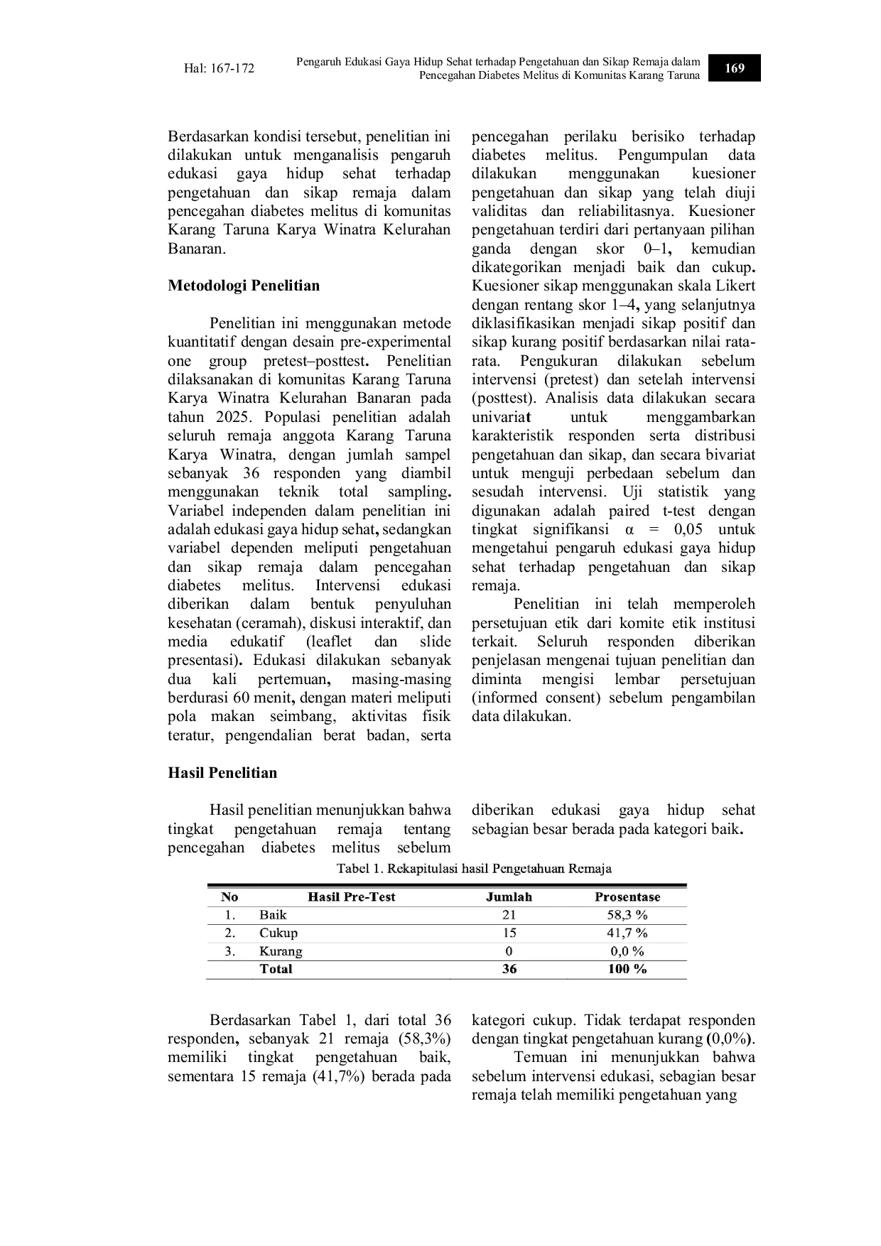 JURIS Pengaruh Edukasi Gaya Hidup Sehat terhadap Pengetahuan dan Sikap Remaja dalam Pencegahan Diabetes Melitus di Komunitas Karang Taruna